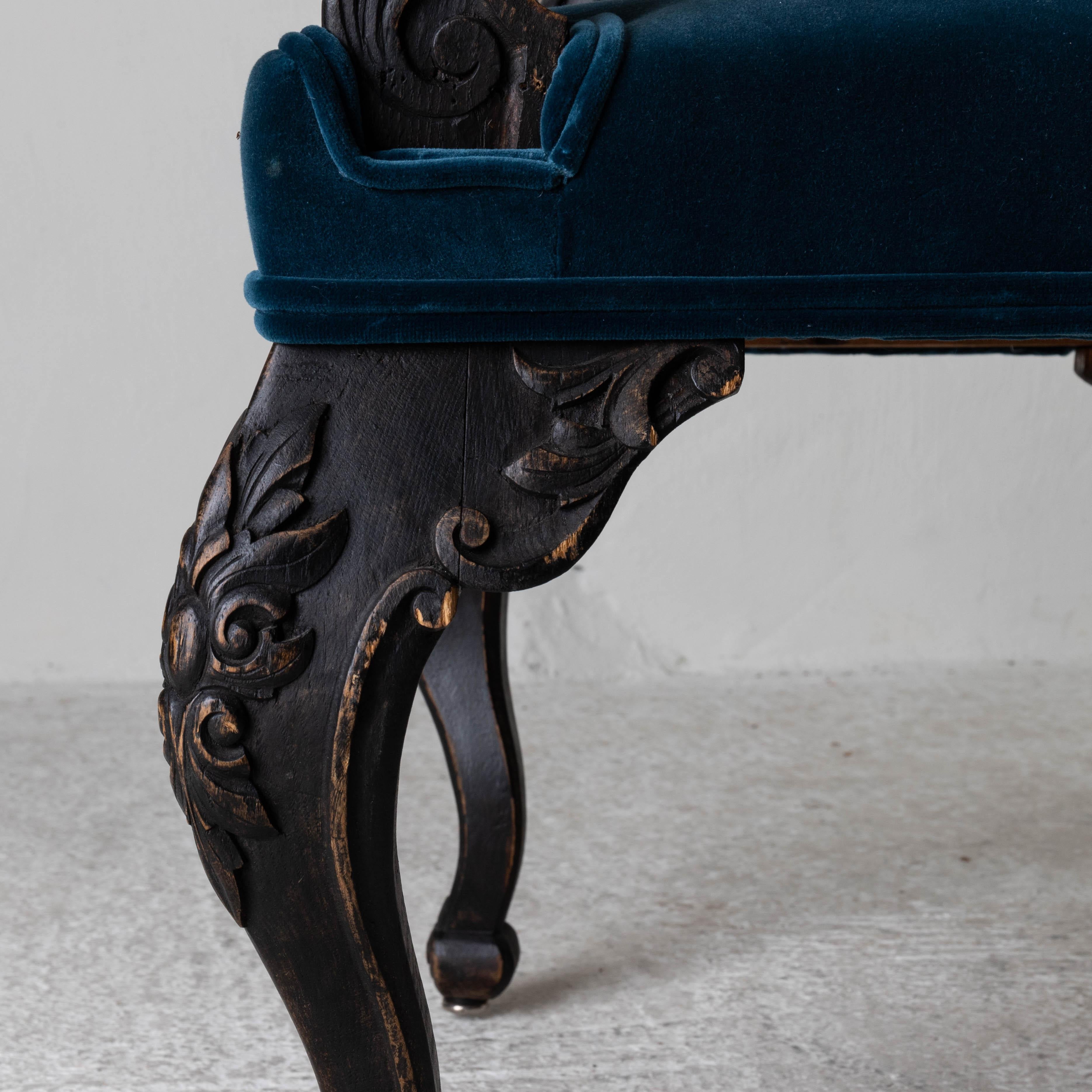 Chair Armchair Swedish 19th Century Black Frame Blue Upholstery Sweden In Good Condition In New York, NY