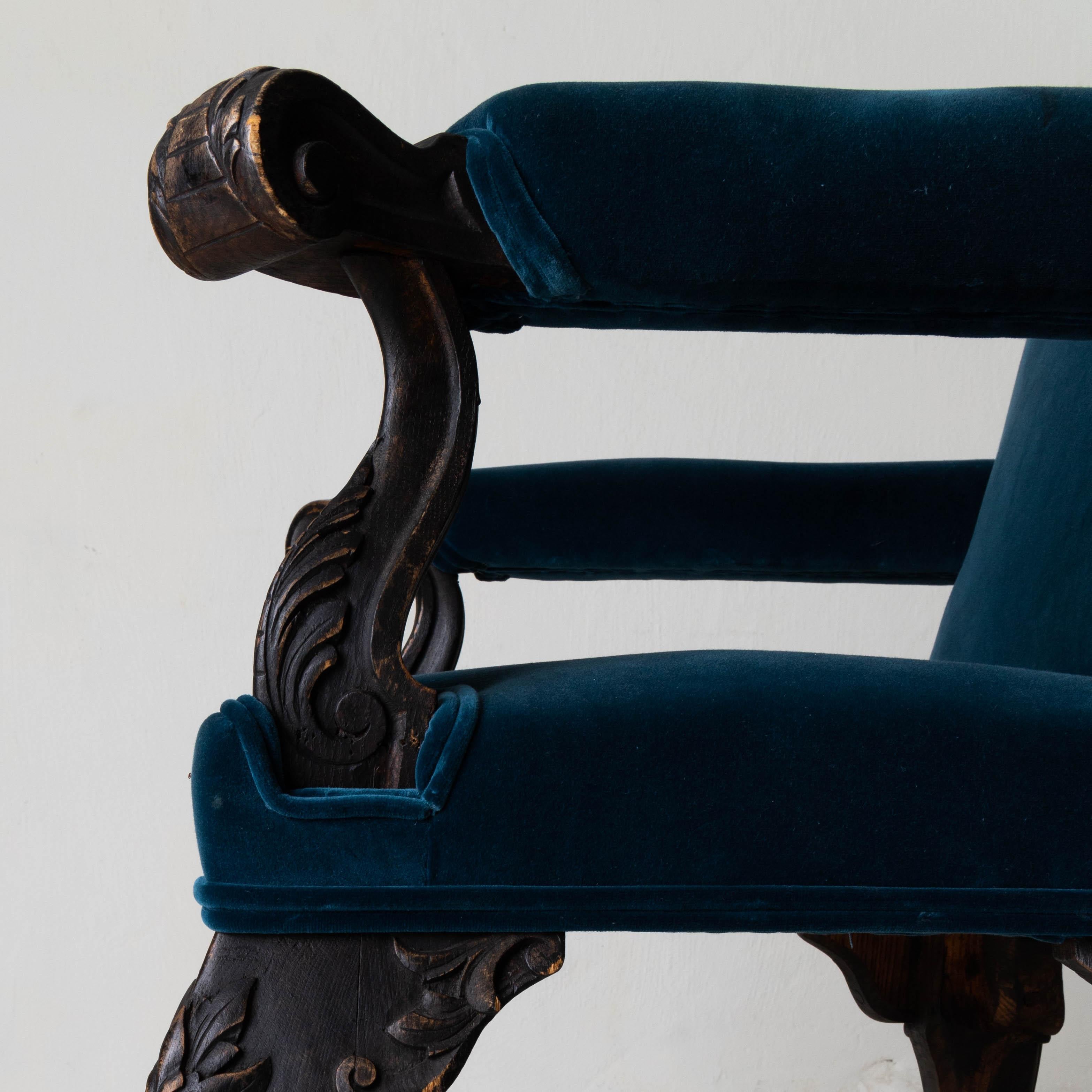 Wood Chair Armchair Swedish 19th Century Black Frame Blue Upholstery Sweden