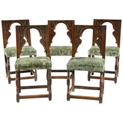 Used Chair Backstool Set of 5 Renaissance Oak English Architectural Velvet Sage Green