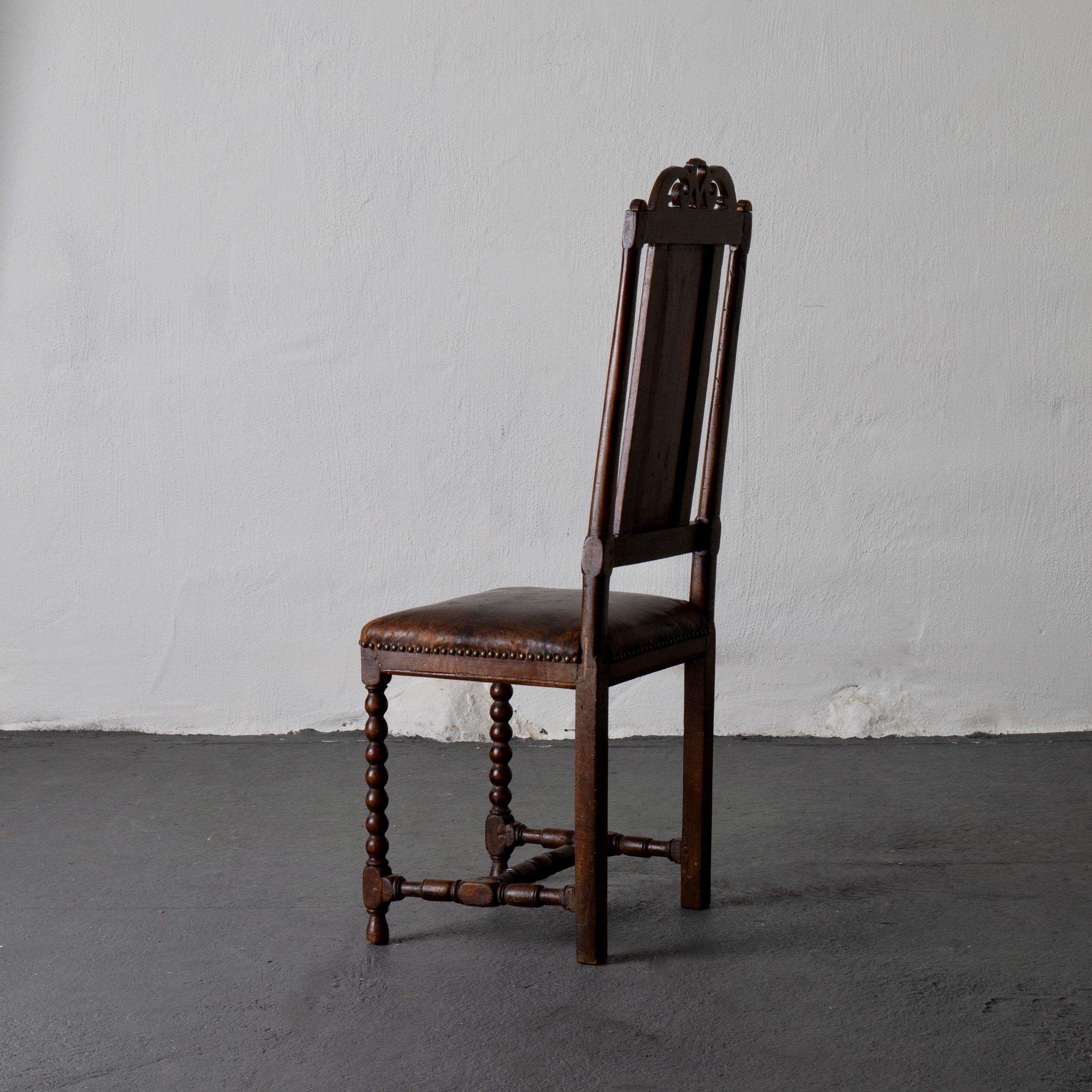 Chair Baroque Swedish Brown Leather, Sweden In Good Condition In New York, NY