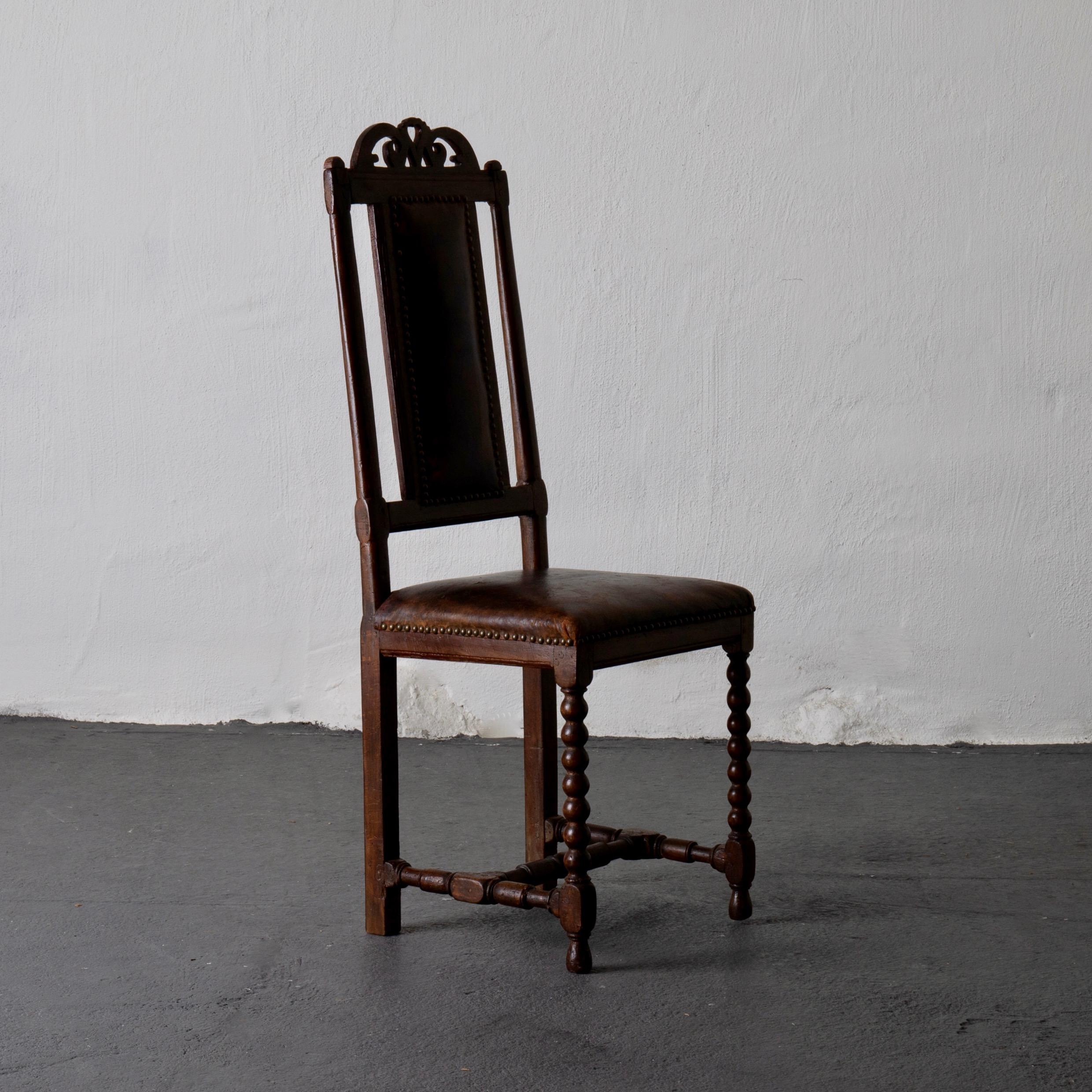 Chair Baroque Swedish Brown Leather, Sweden 1