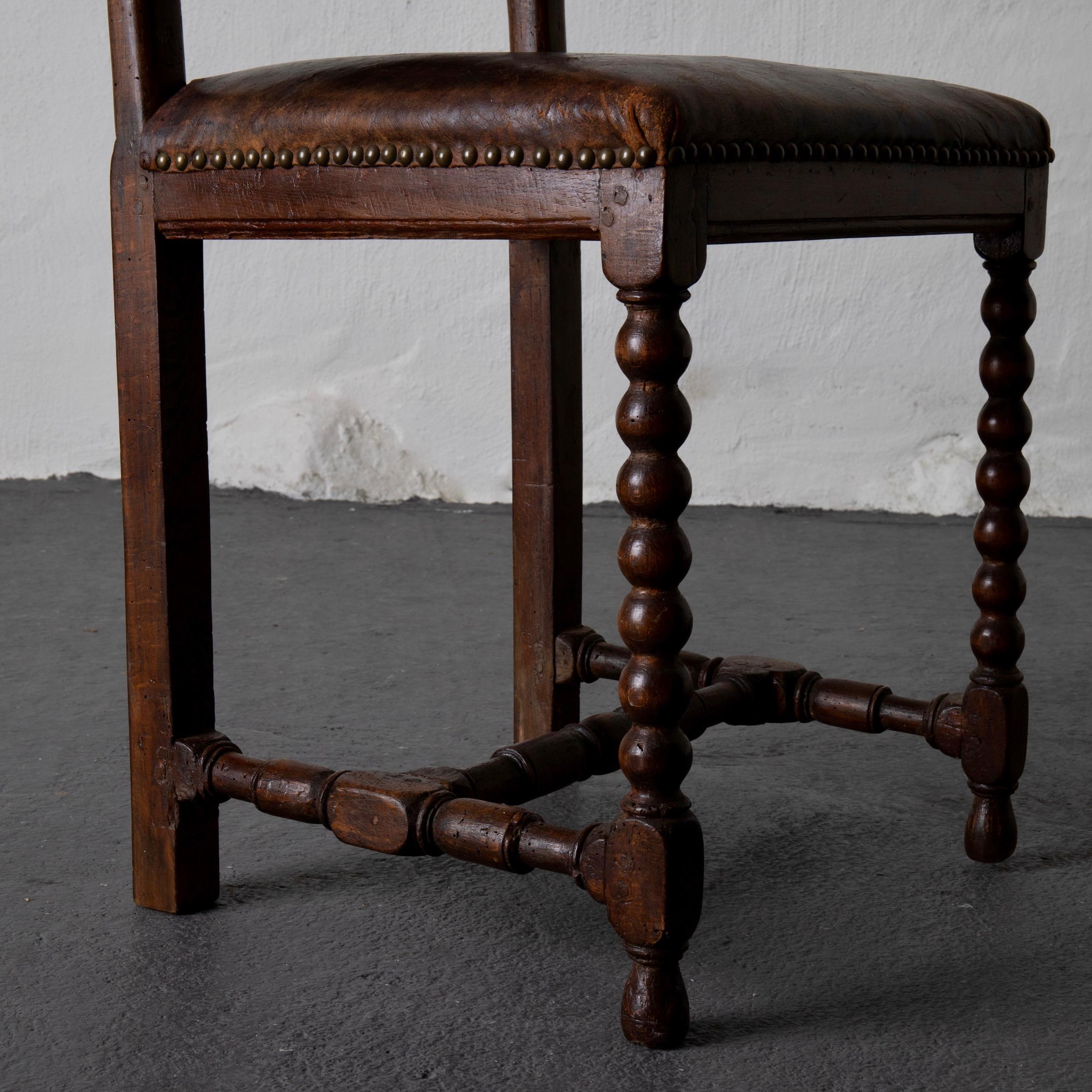 Chair Baroque Swedish Brown Leather, Sweden 3