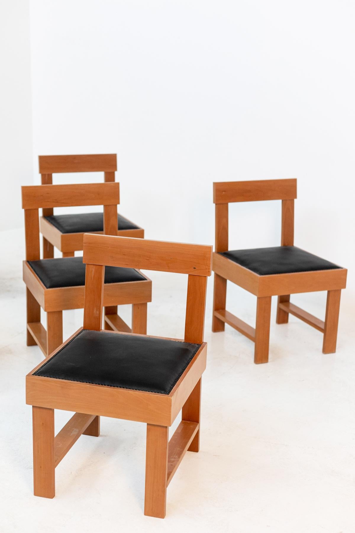 Chair by BBPR Studio, Italian Set of Six in Wood and Black Leather 6
