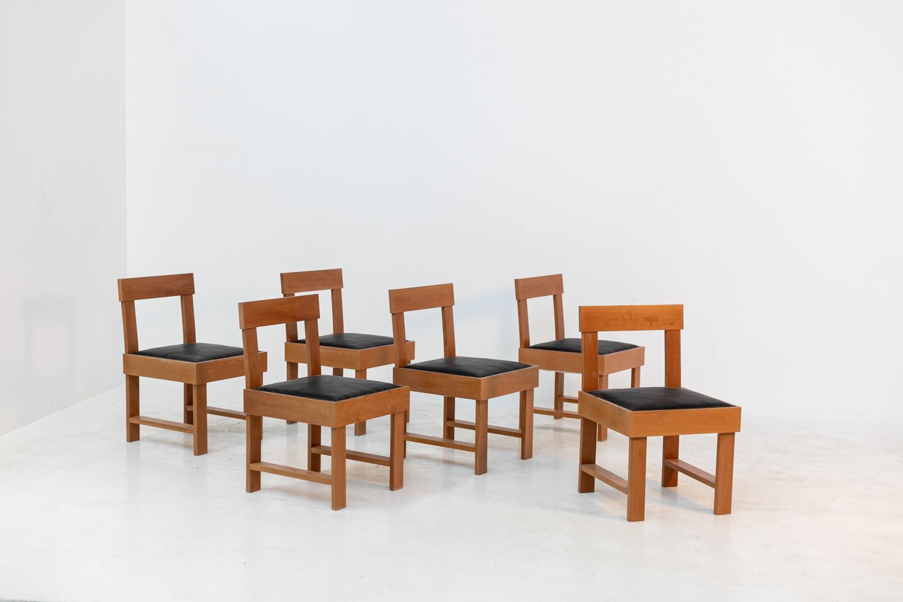 Chair by BBPR Studio, Italian Set of Six in Wood and Black Leather 11