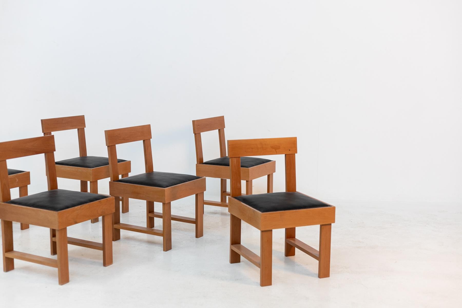 Mid-Century Modern Chair by BBPR Studio, Italian Set of Six in Wood and Black Leather