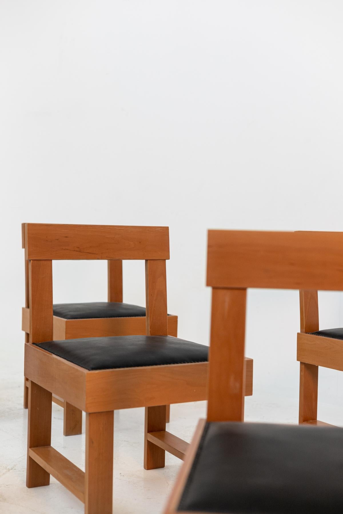 Mid-20th Century Chair by BBPR Studio, Italian Set of Six in Wood and Black Leather