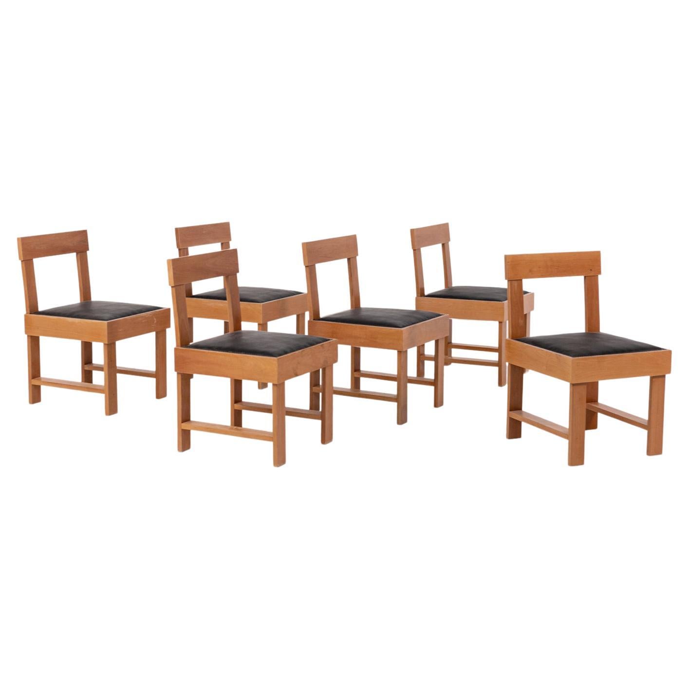 Sessel von BBPR Studio, italienischer Satz von sechs Stühlen aus Holz und schwarzem Leder