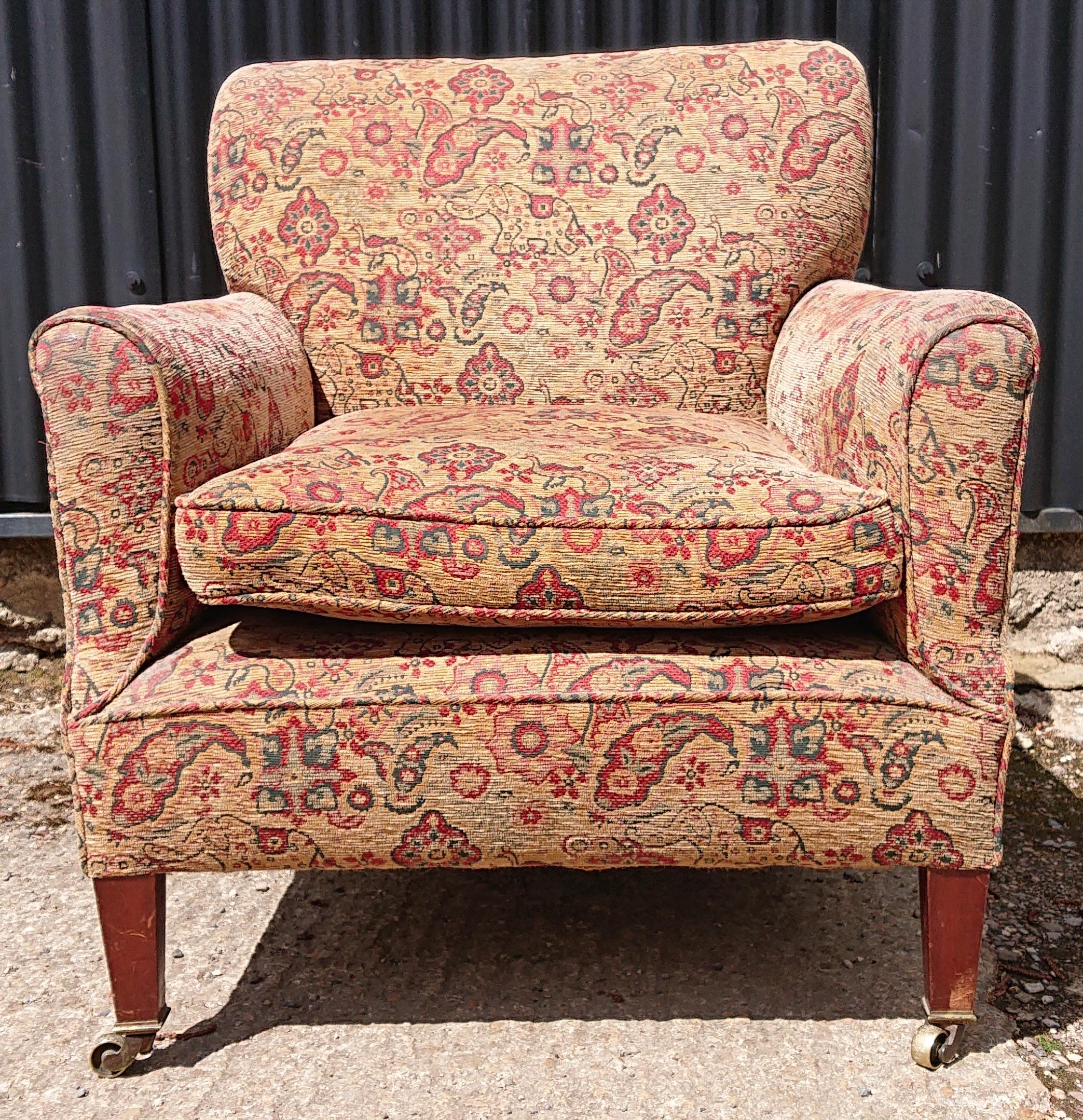 Antique chair made by Howard and Sons of London, this chair is in need of re-upholstery and the frame is a bit wobbly, but it has all the original casters. These chairs are really going up in value at the moment.
Casters stamped with the pre 