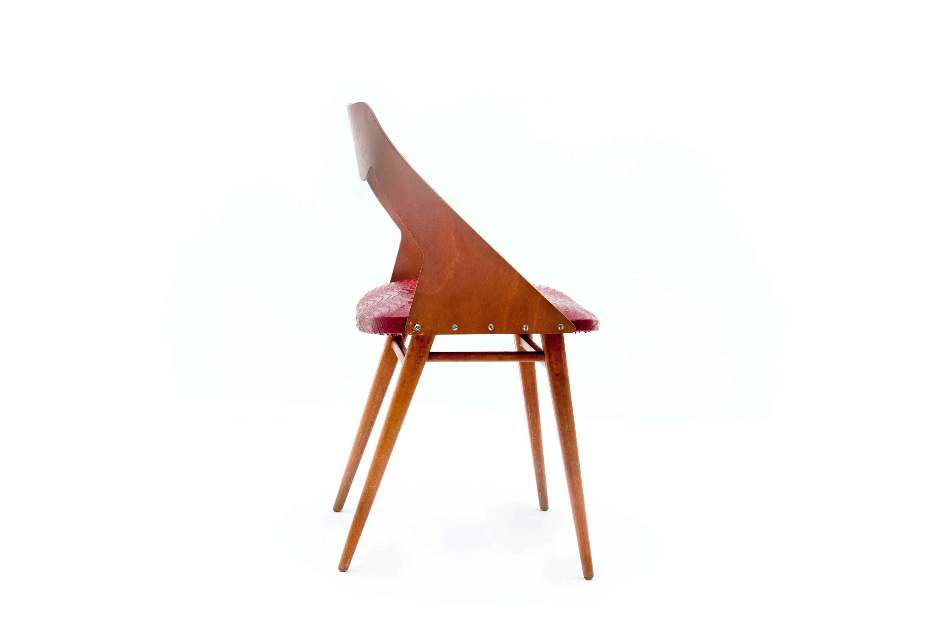 Mid-Century Modern Chair by Paolozzi, in Varnish Brown Wood, and Red Croco Vynil, Italy, 1960