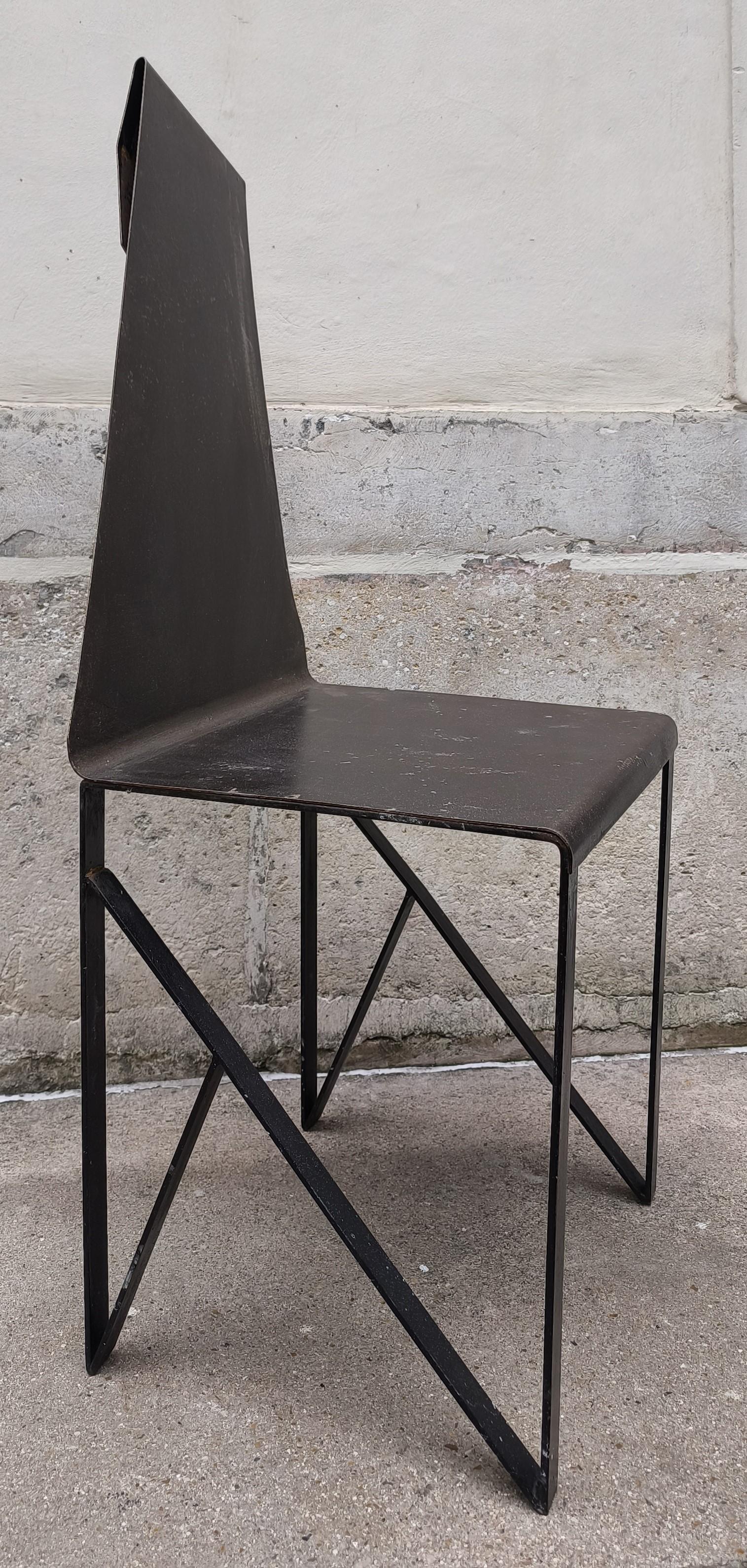 Chair by Yves de la Tour d'Auvergne, 1980s, France
.
108 cm high
39 cm deep 
44.5 cm wide
47.5 cm seat height
.
Numerous signs of wear and marks which give it a superb patina.
In vintage condition.
This chair is over 50 years old and is not