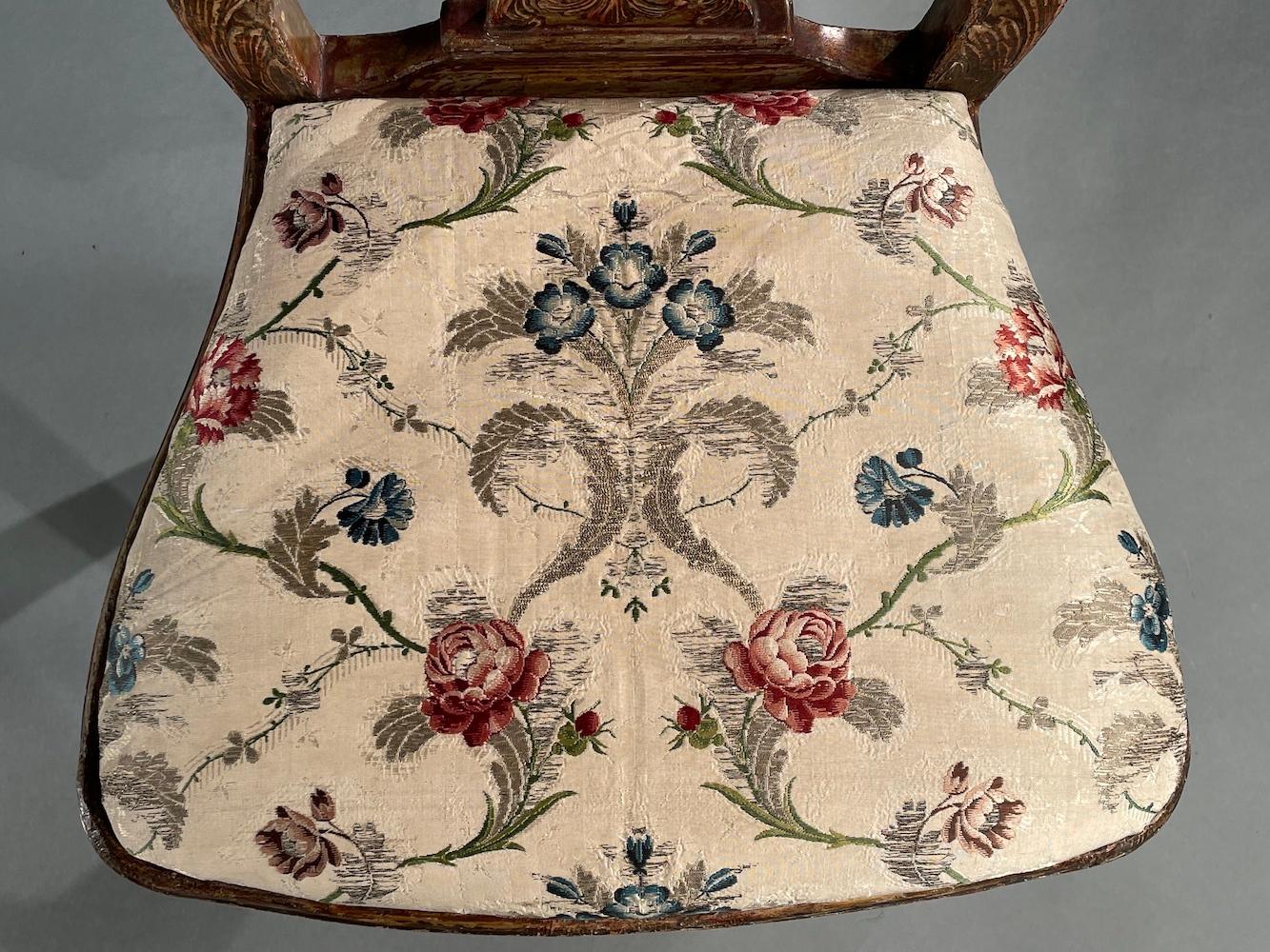 Chair Carved Silver-Gilt Painted 18thc Original Floral Silk Brocatelle Floral For Sale 2