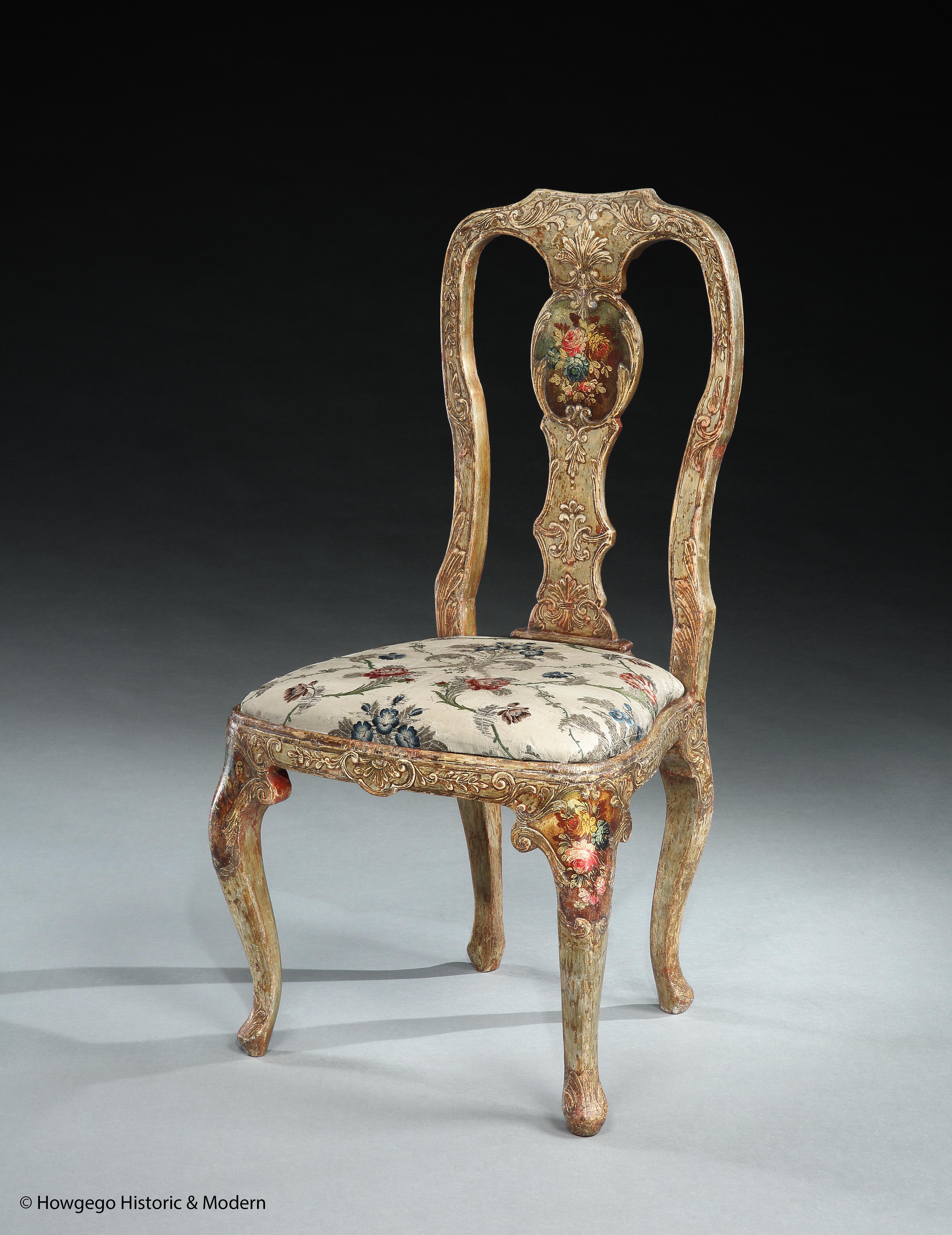 A fine, carved, silver-gilt & painted,18th century, side chair with original floral, silk Brocatelle
Feminine, sidechair in rare, original condition with original textile bringing softness and the delicacy of the flower garden into the
