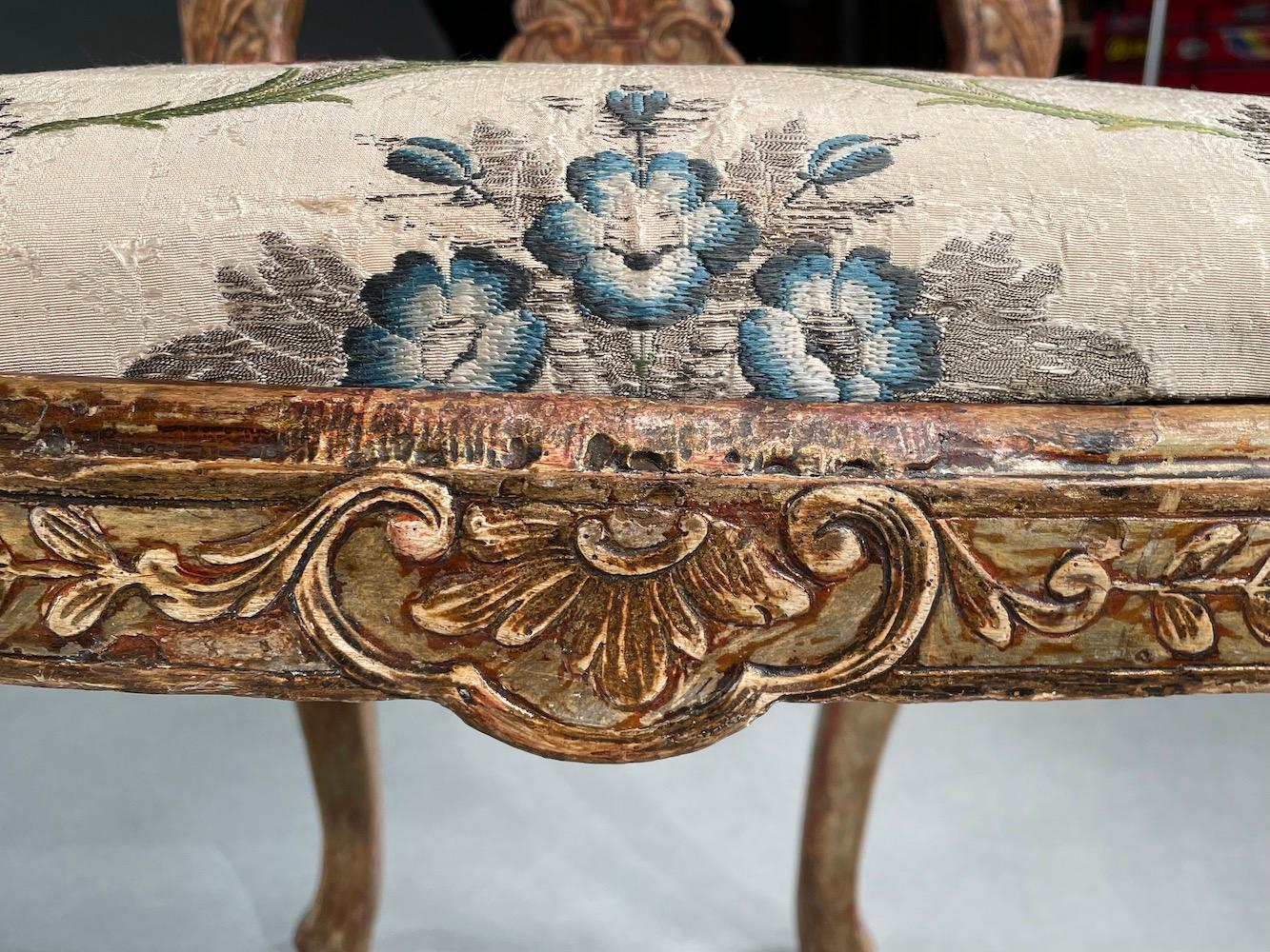 Mid-18th Century Chair Carved Silver-Gilt Painted 18thc Original Floral Silk Brocatelle Floral For Sale