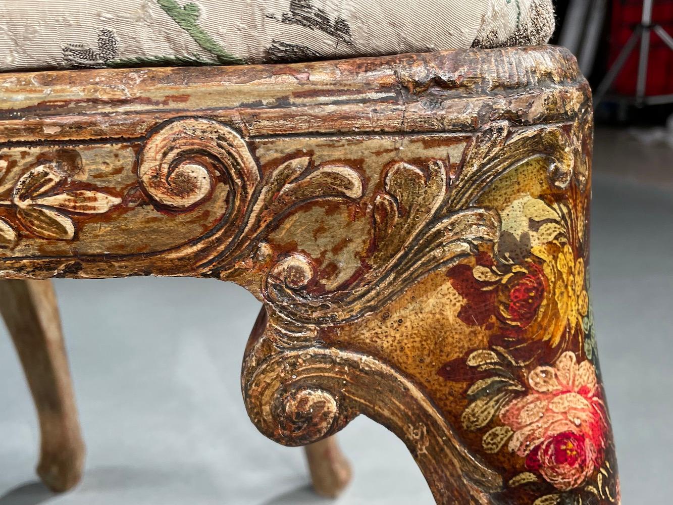 Beech Chair Carved Silver-Gilt Painted 18thc Original Floral Silk Brocatelle Floral