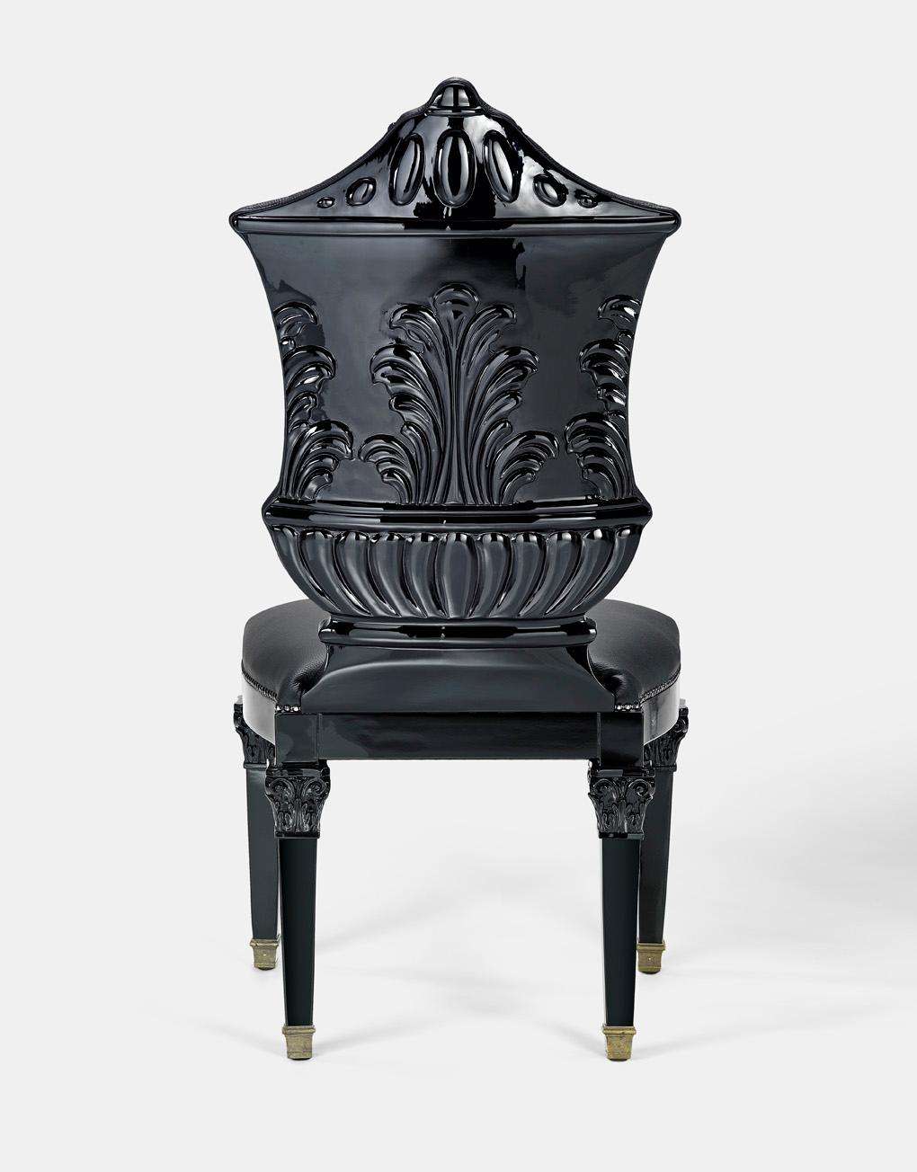 Italian Chair Carved Solidwood Black Lacquer Finish Dakened Feet Black Caps Leather For Sale