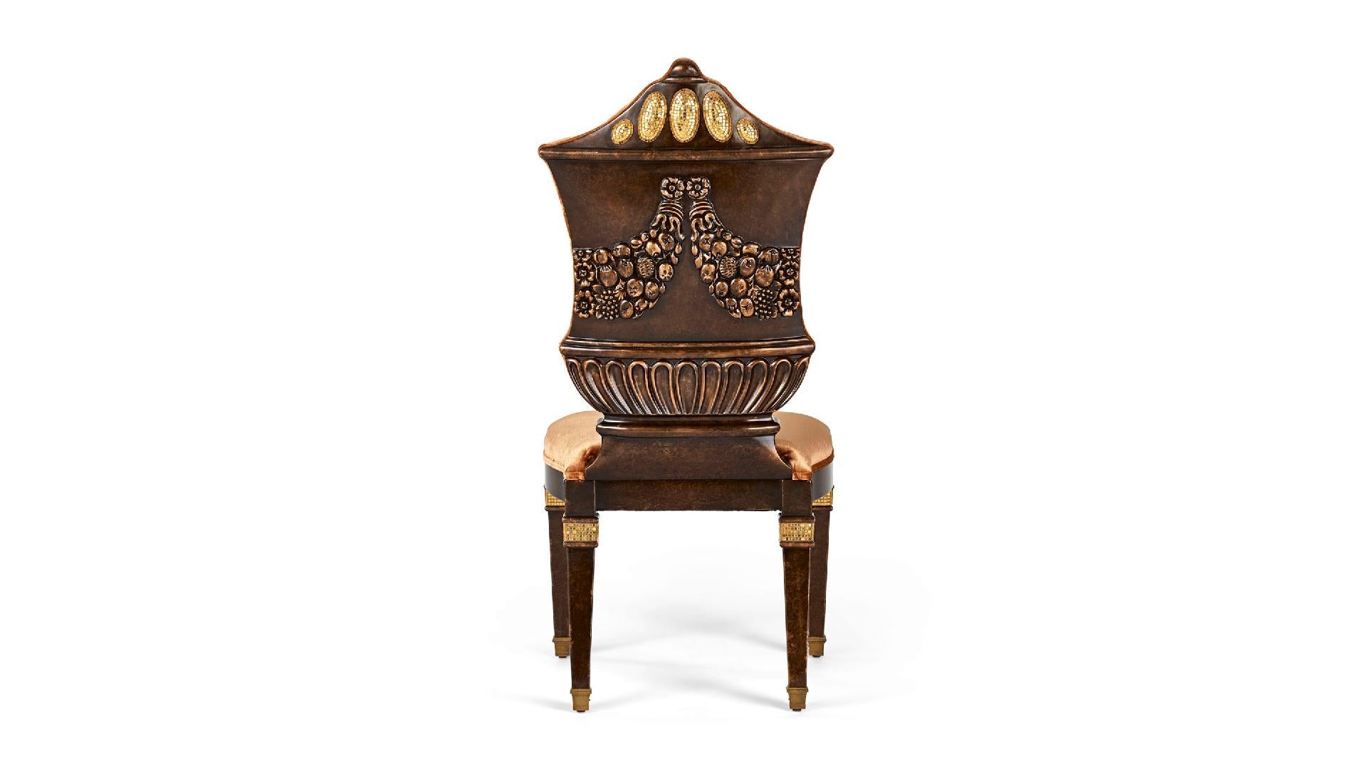 Chair Carved Solid Wood Distressed Finish Bronzed Feet Caps Mosaic Insert Legs In New Condition For Sale In London, GB