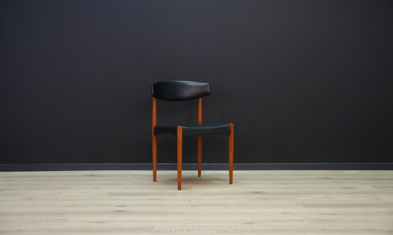 Chair from the 1960s-1970s, Danish design, upholstery after replacement (black eco-leather), construction made of teak. Preserved in good condition (minor abrasions on the skin), directly for use.

Dimensions: Height 77 cm seat height 43.5 cm seat