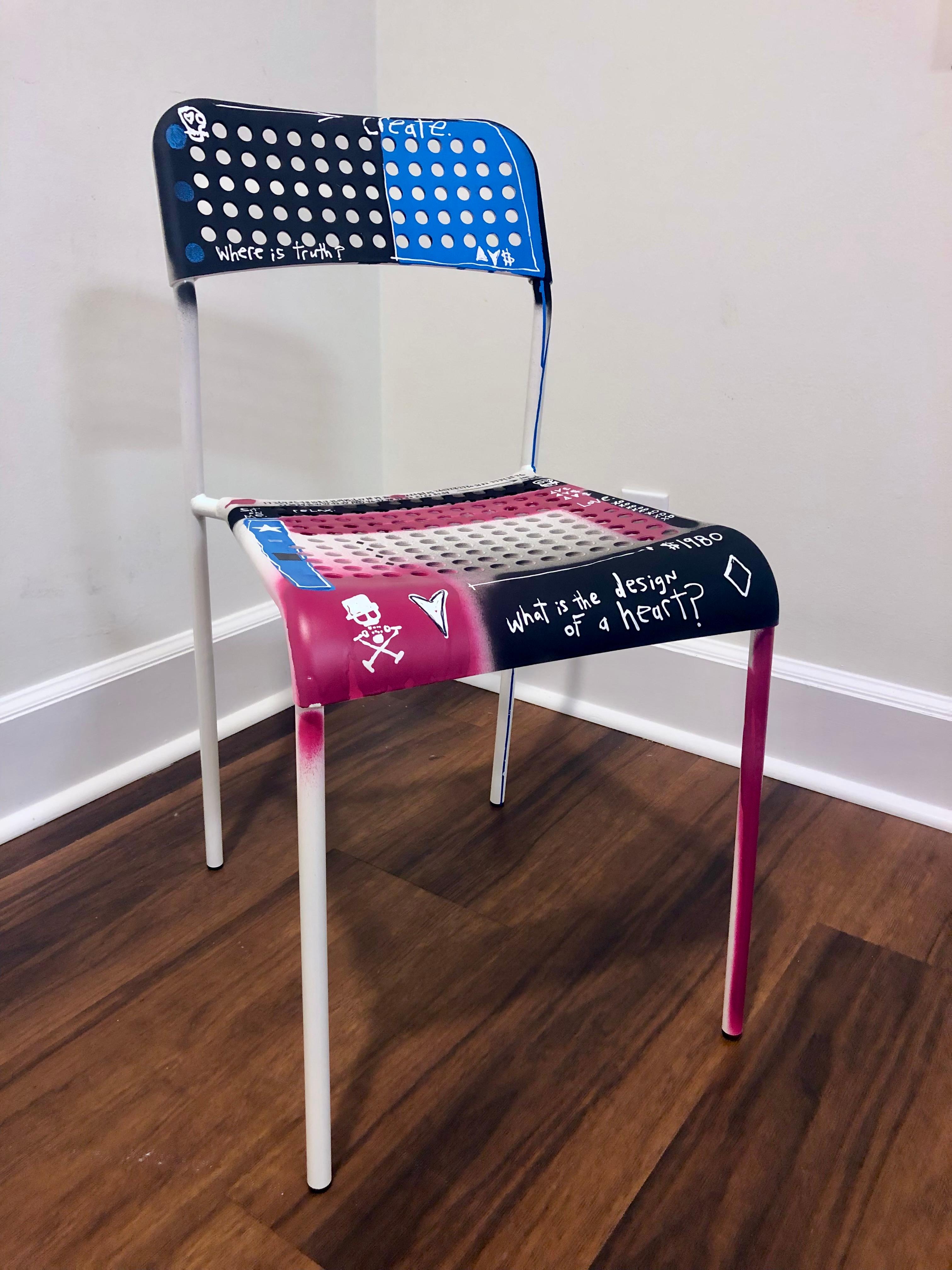 Chair (I) - unique, collectable artist-designed chair, tagged and signed by the artist. Size: 31 H x 16 D x 16 W 

Multidisciplinary artist Adam Baranello embraces the grit and texture of grunge, blending it with the vivid iconography of pop