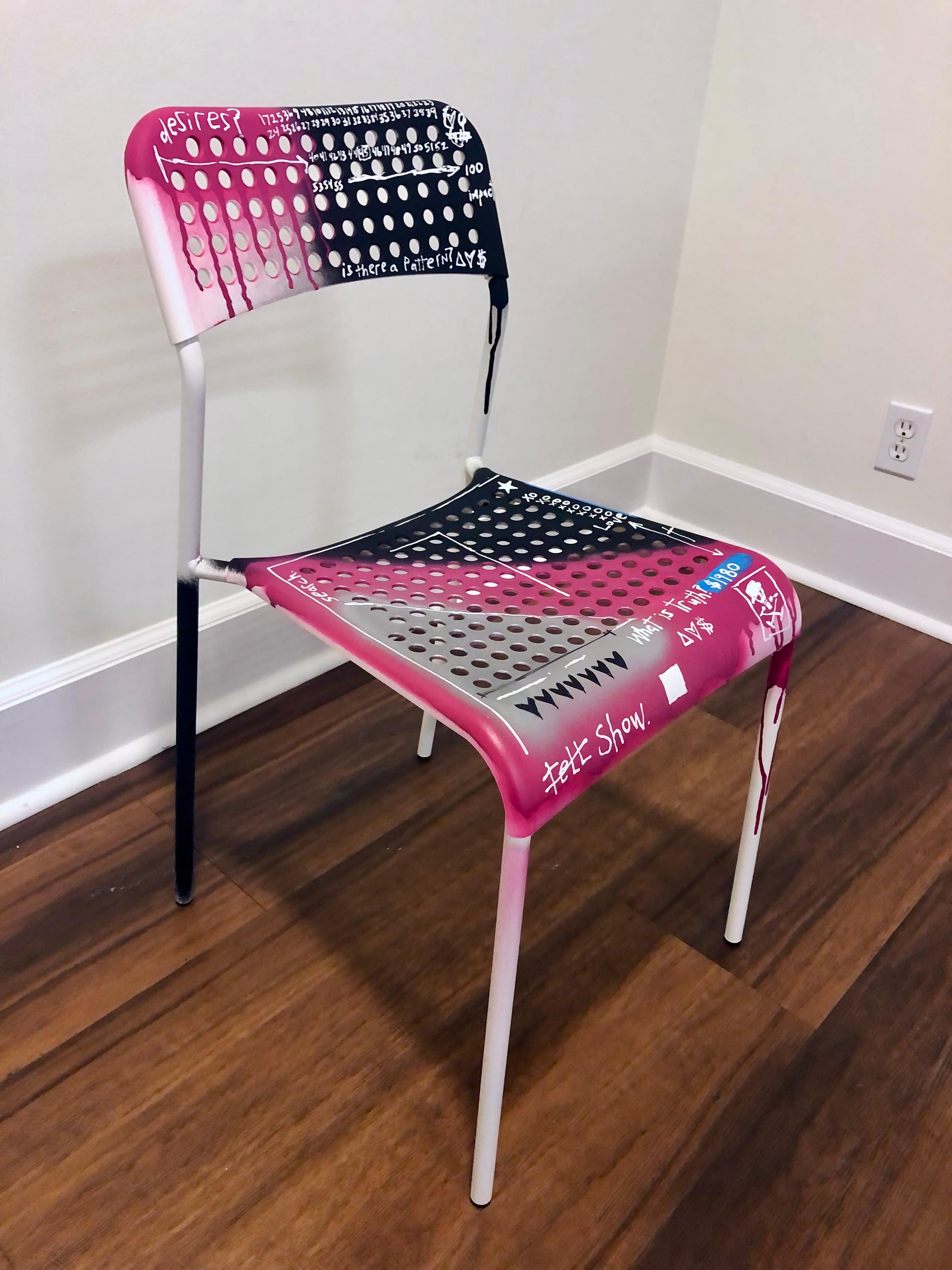 Chair (II) - unique, collectable artist-designed chair, tagged and signed by the artist. Size: 31 H x 16 D x 16 W 

Multidisciplinary artist Adam Baranello embraces the grit and texture of grunge, blending it with the vivid iconography of pop