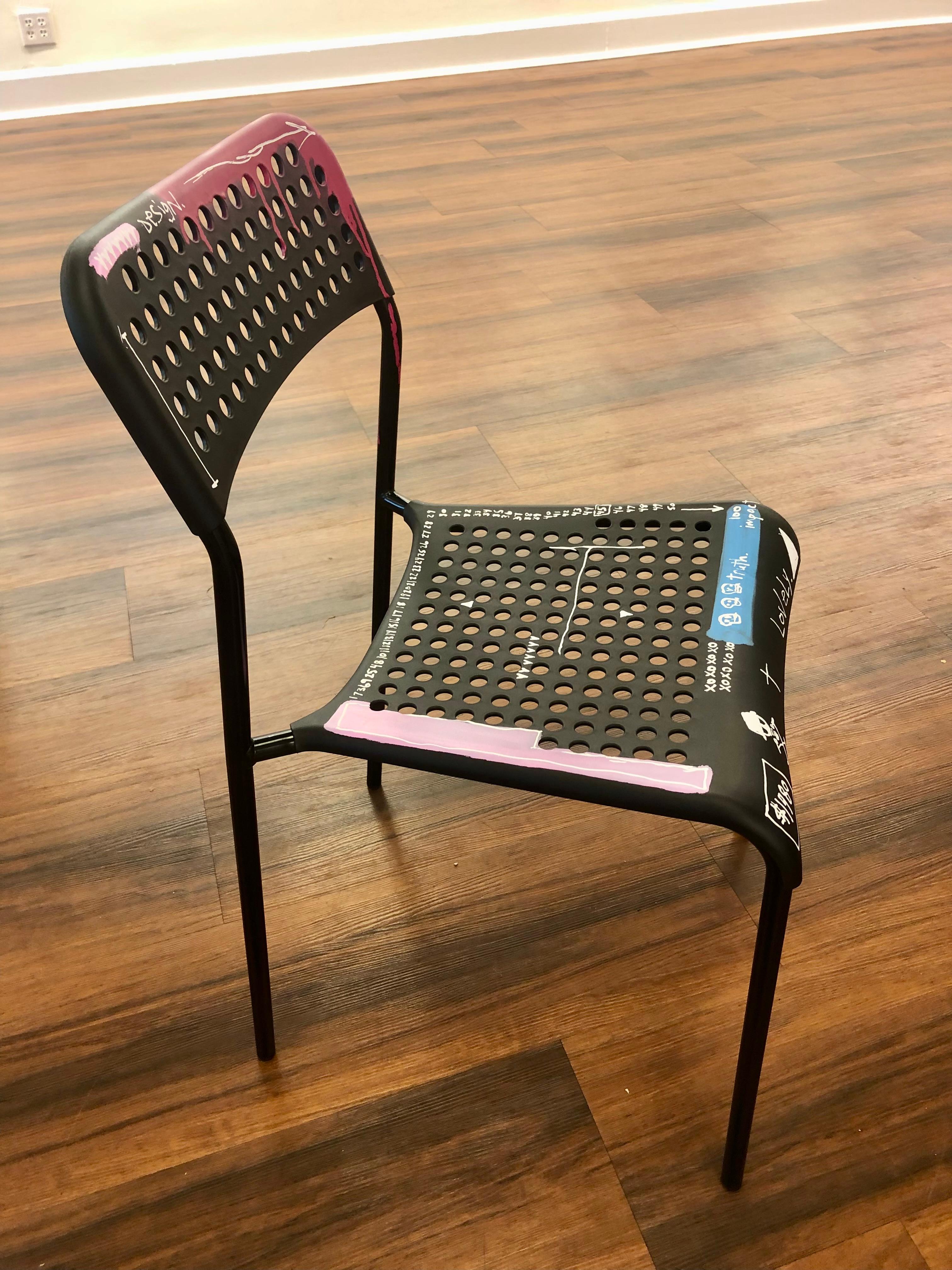 Chair (III) - unique, collectable artist-designed chair, tagged and signed by the artist. Size: 31 H x 16 D x 16 W 

Multidisciplinary artist Adam Baranello embraces the grit and texture of grunge, blending it with the vivid iconography of pop