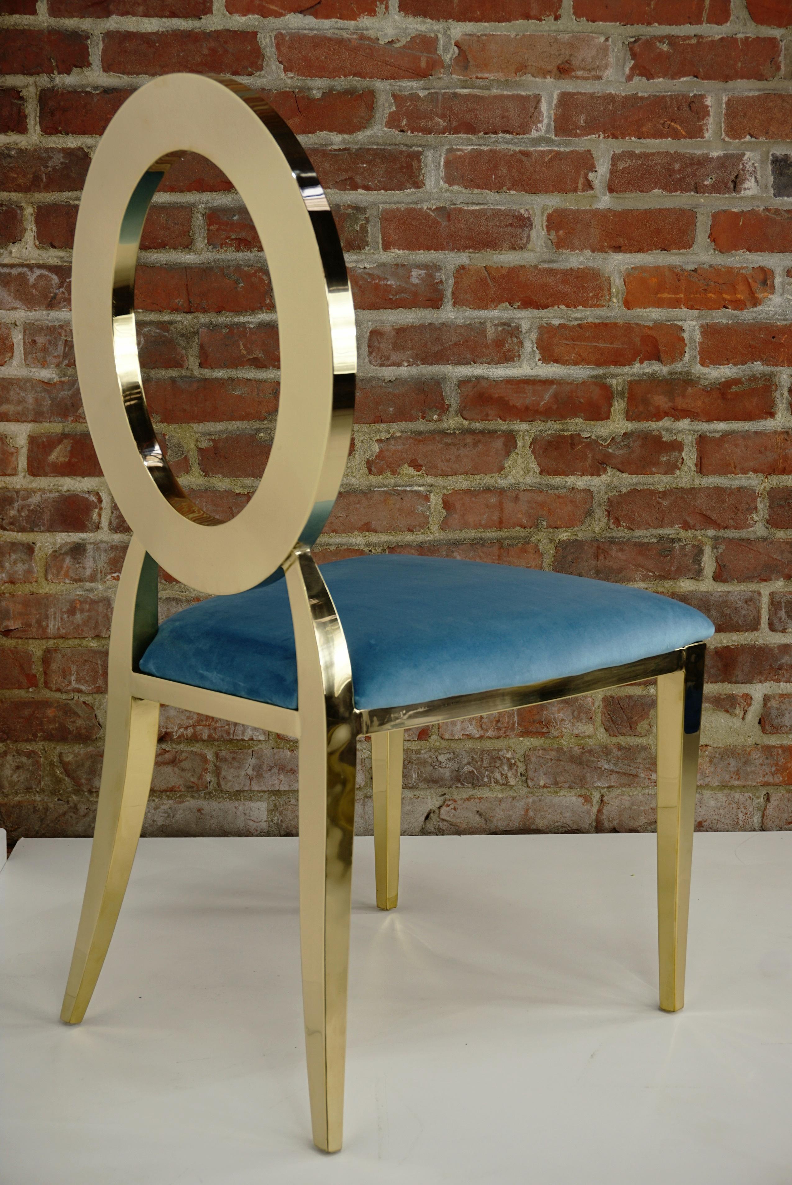 Gilded Metal And Azure Fabric Design Chair In Good Condition In Tourcoing, FR