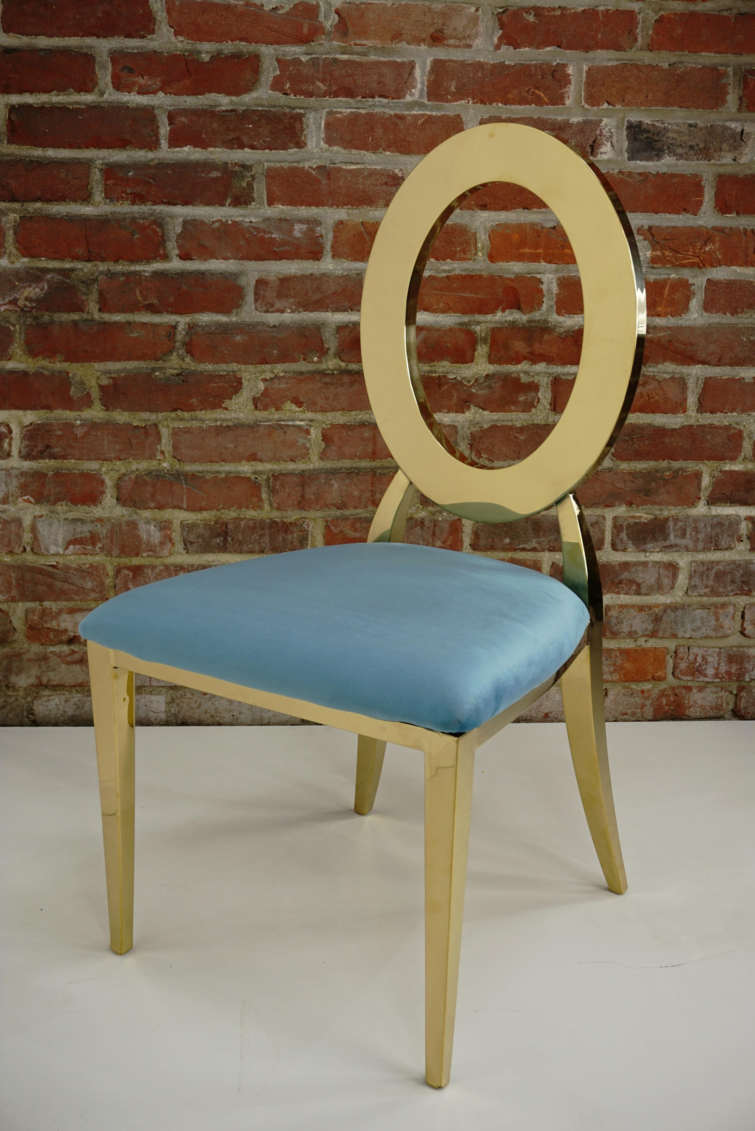 Contemporary Gilded Metal And Azure Fabric Design Chair