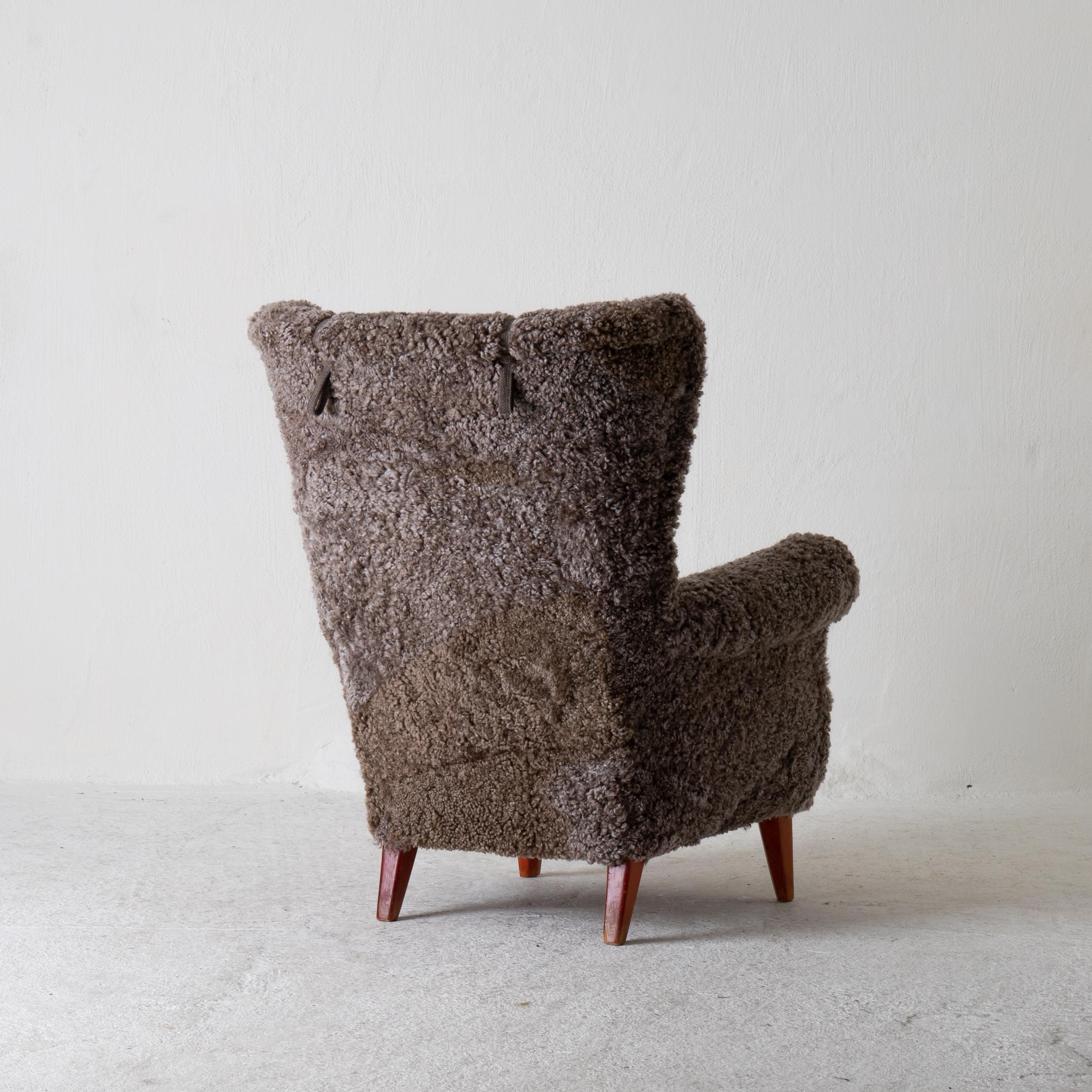 Mid-Century Modern Chair Lounge Swedish Sheepskin Grayish Brown 20th Century Sweden