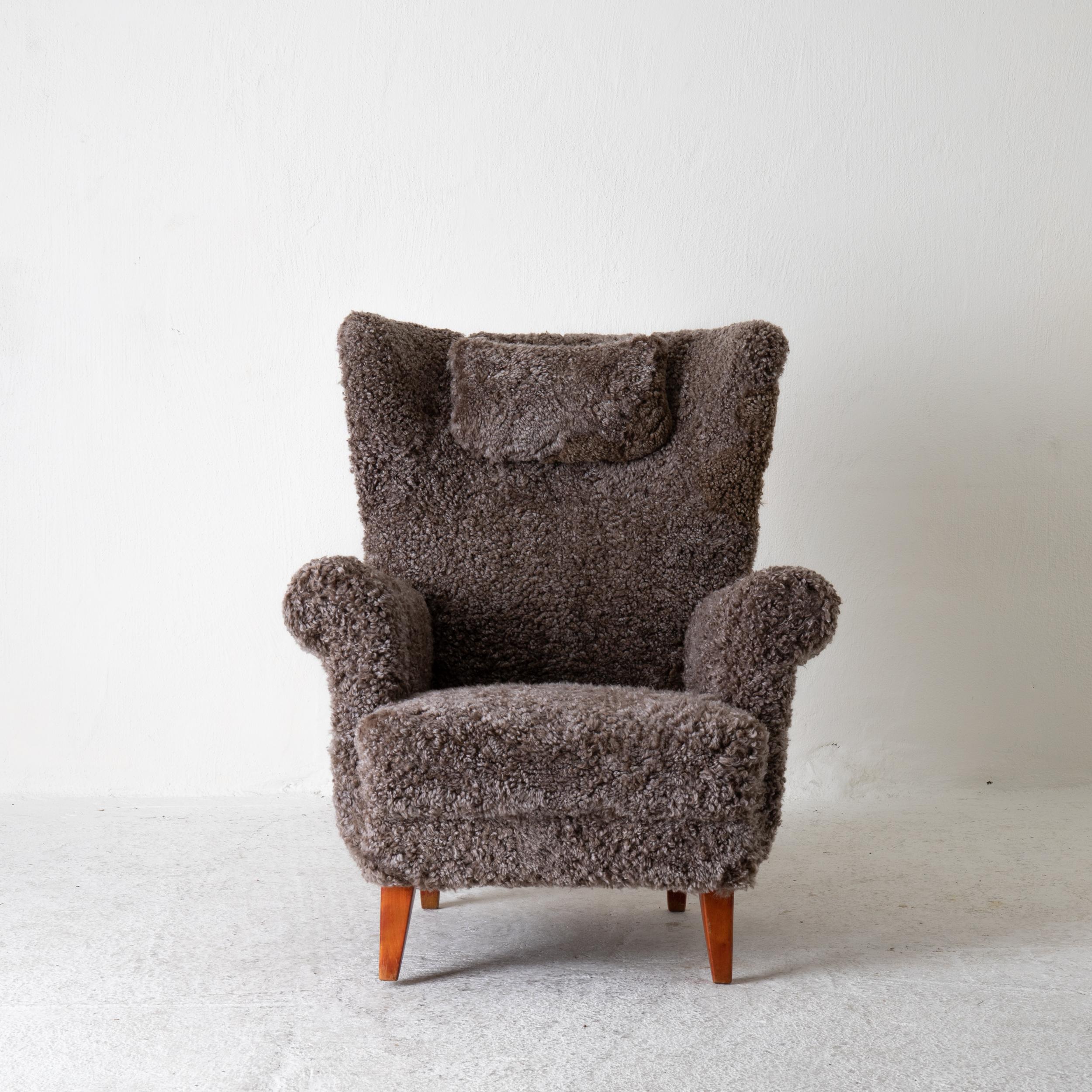 Fur Chair Lounge Swedish Sheepskin Grayish Brown 20th Century Sweden