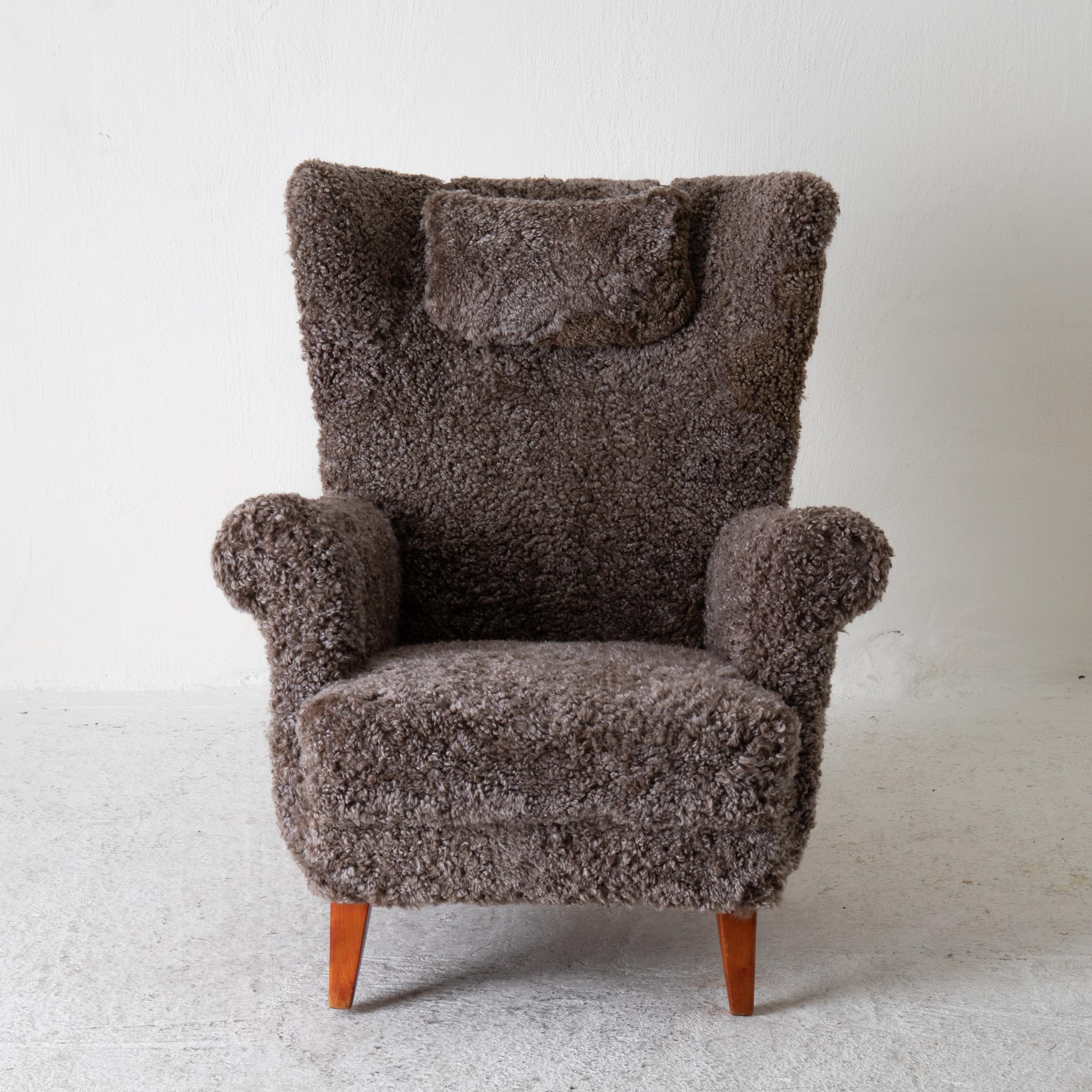 Chair Lounge Swedish Sheepskin Grayish Brown 20th Century Sweden 1