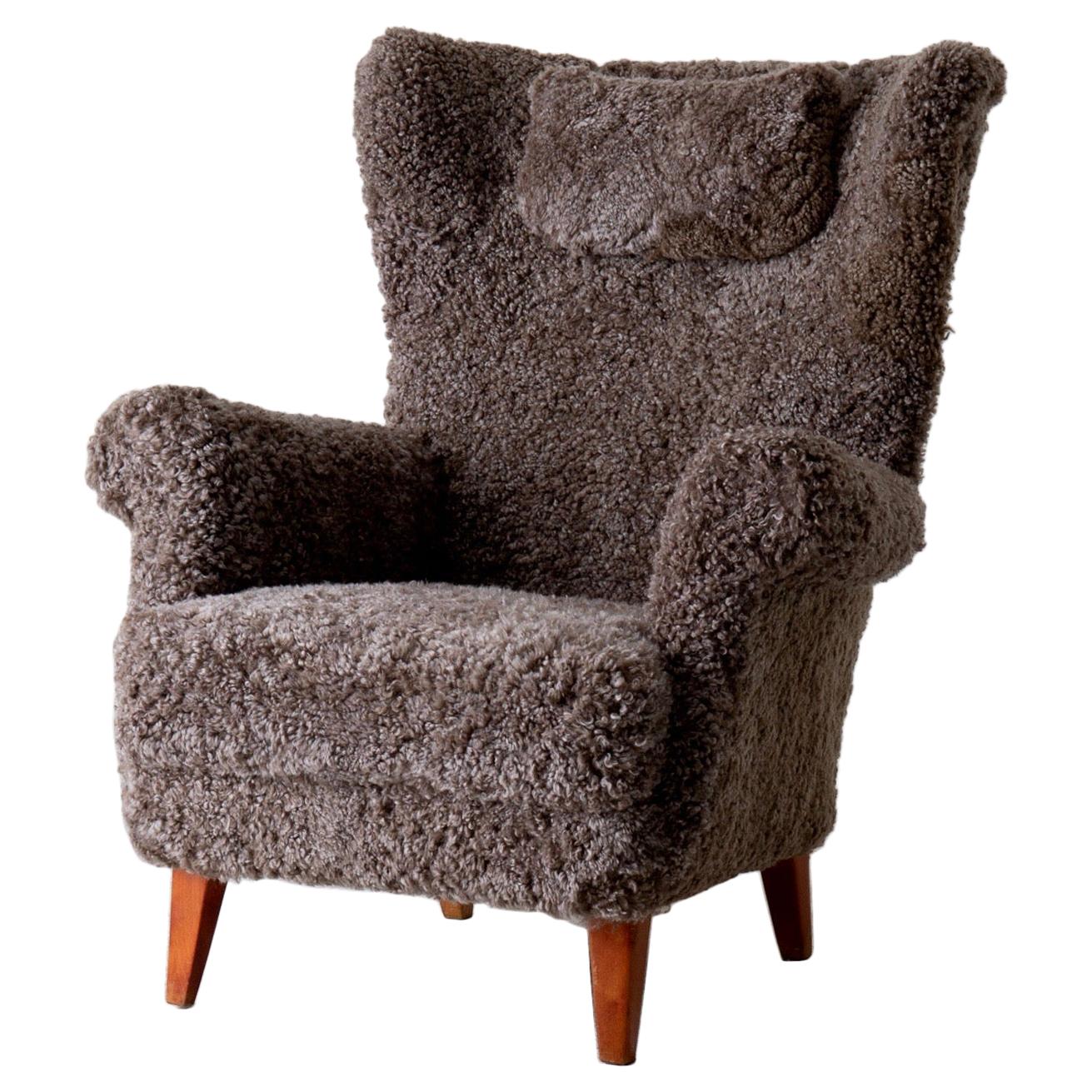Chair Lounge Swedish Sheepskin Grayish Brown 20th Century Sweden