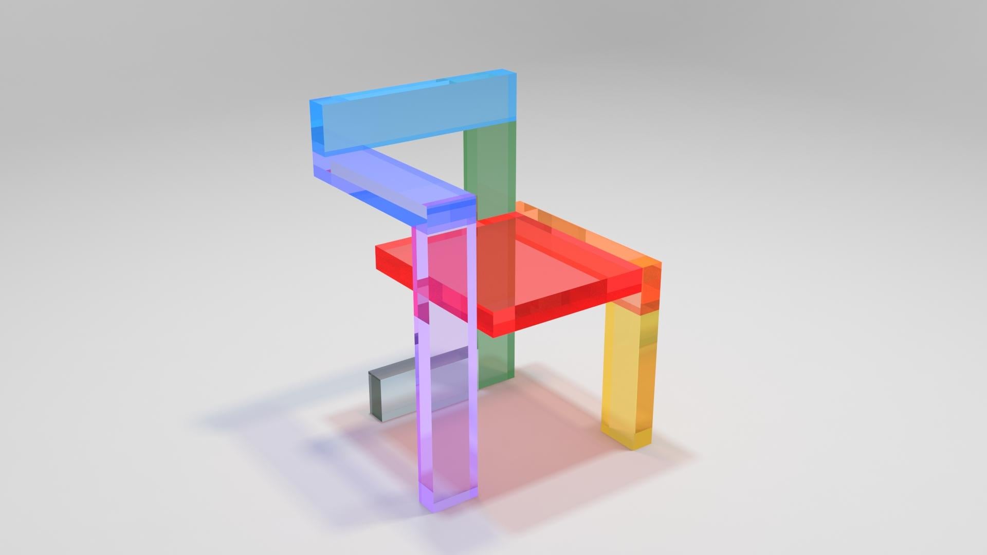 Chair re-designed by Alessandro Guerriero for the Alchimia Redesign Collection. The piece is a tribute to the famous Steltman chair designed by Gerrit Rietveld. The chair is made of colored plexiglas. Each chair has a sequence of different colors