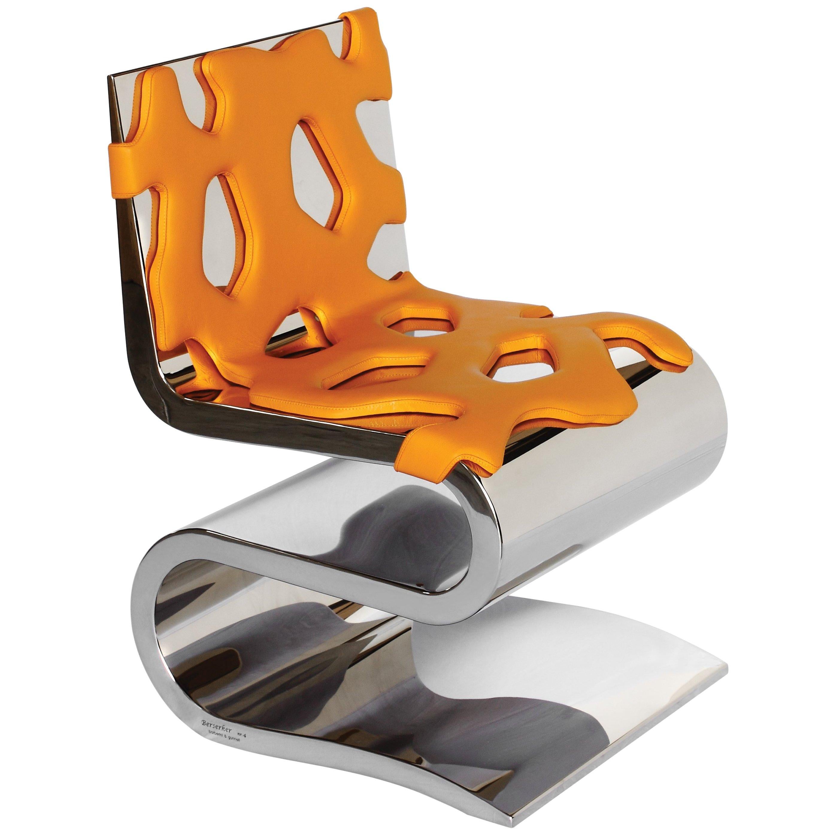 Stuhl Skulptur Spiegel Stahl Orange Leder Sammlerstück Design Handgemacht Italien im Angebot