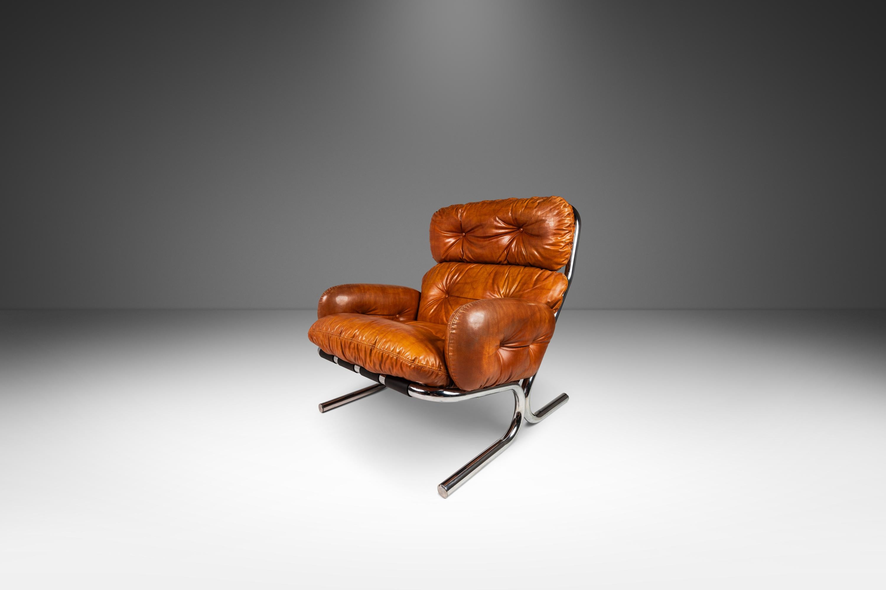 Cuir Ensemble chaise et pouf en cuir de Milo Baughman pour Directional, États-Unis, vers les années 1960 en vente