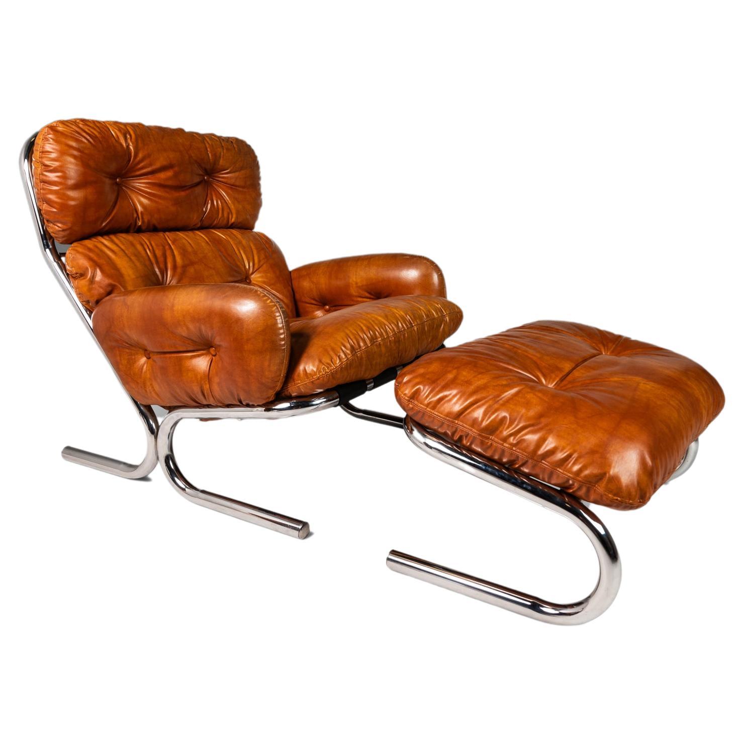 Ensemble chaise et pouf en cuir de Milo Baughman pour Directional, États-Unis, vers les années 1960 en vente