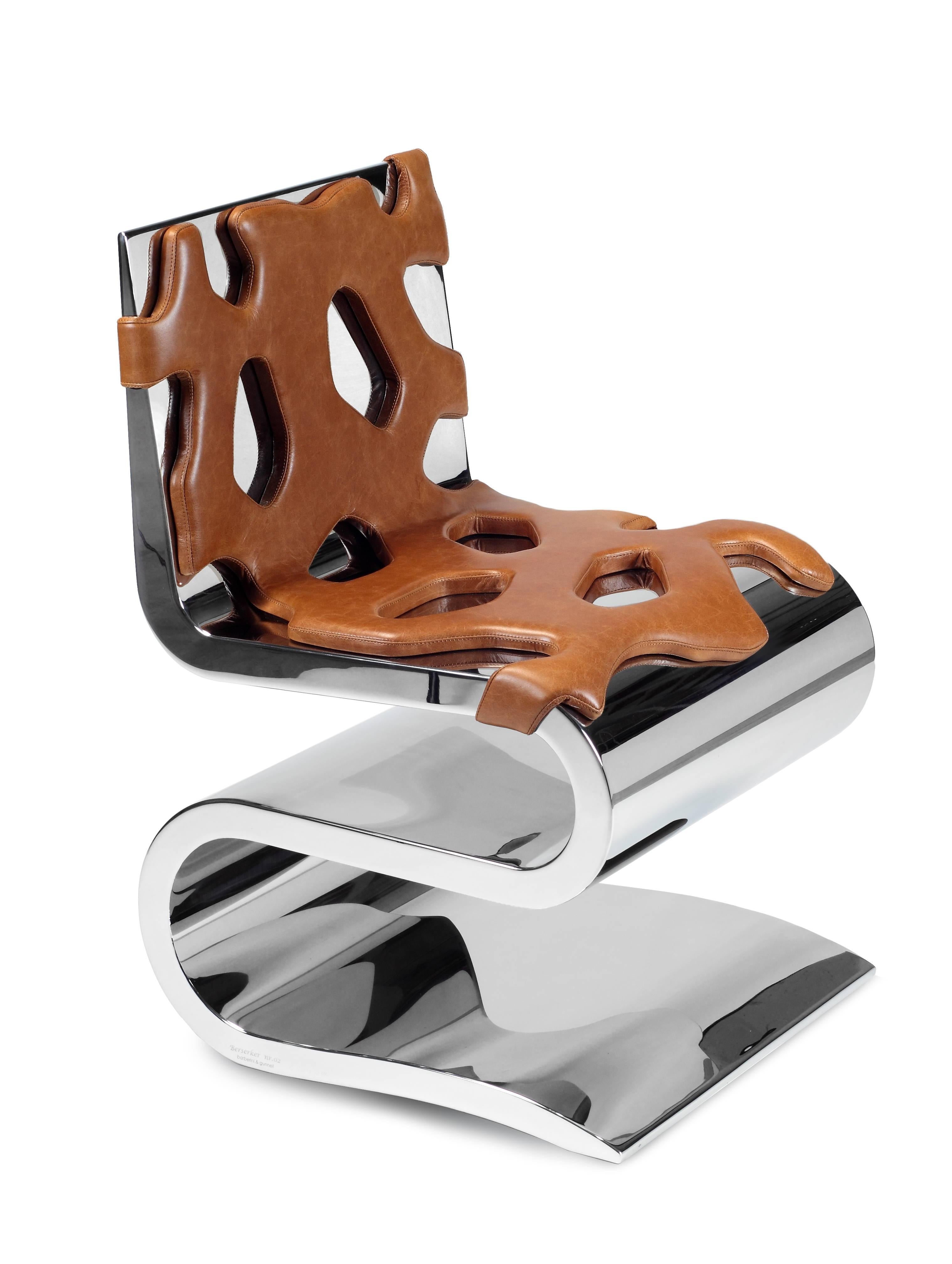 Chaise Sculpture Miroir Acier Cuir Blanc Design de Collection Fait à la Main Italie en vente 1