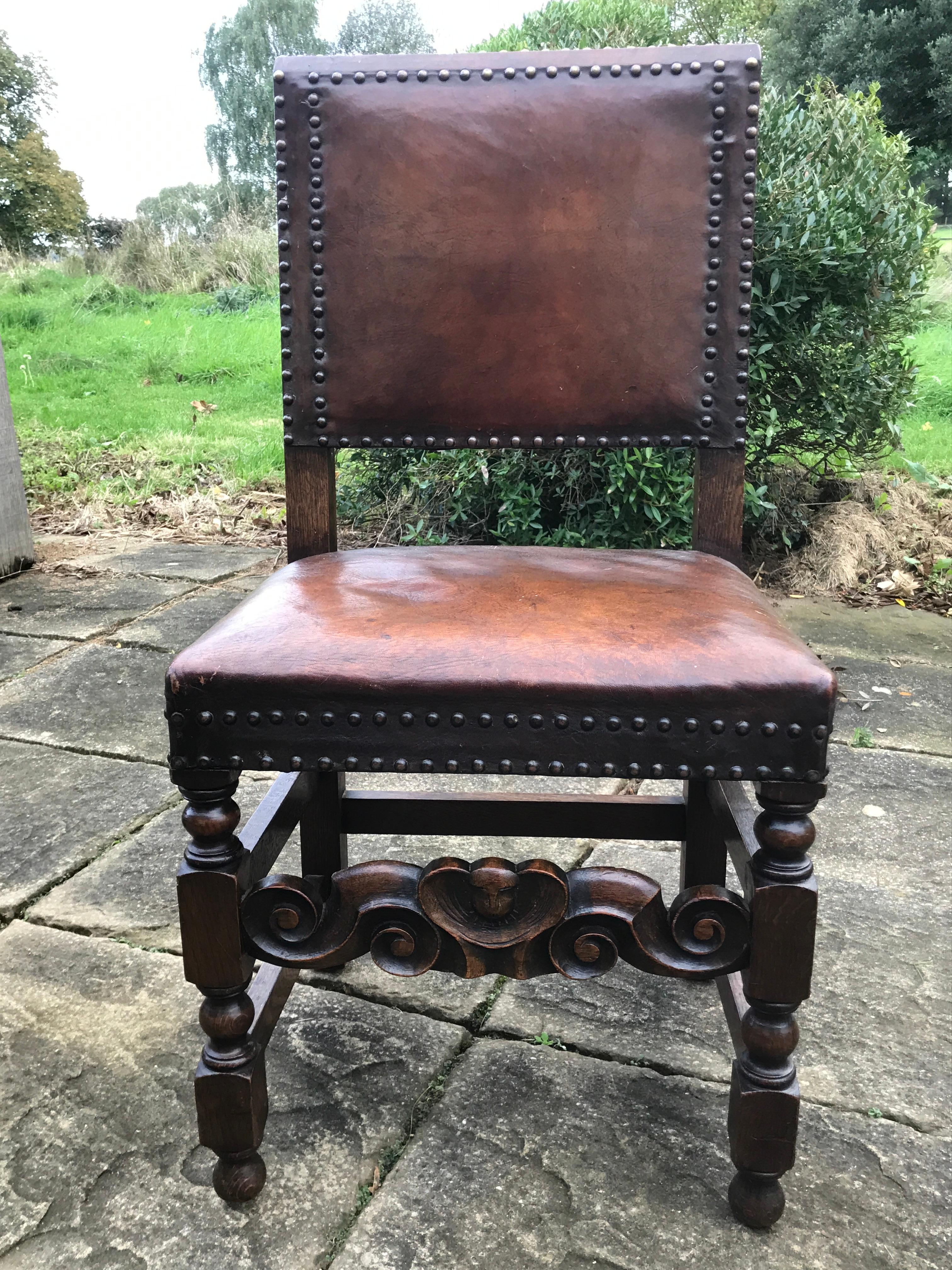 Chair Set of 4 Leather Oak English Jacobean Baroque Revival Antiquarian 9