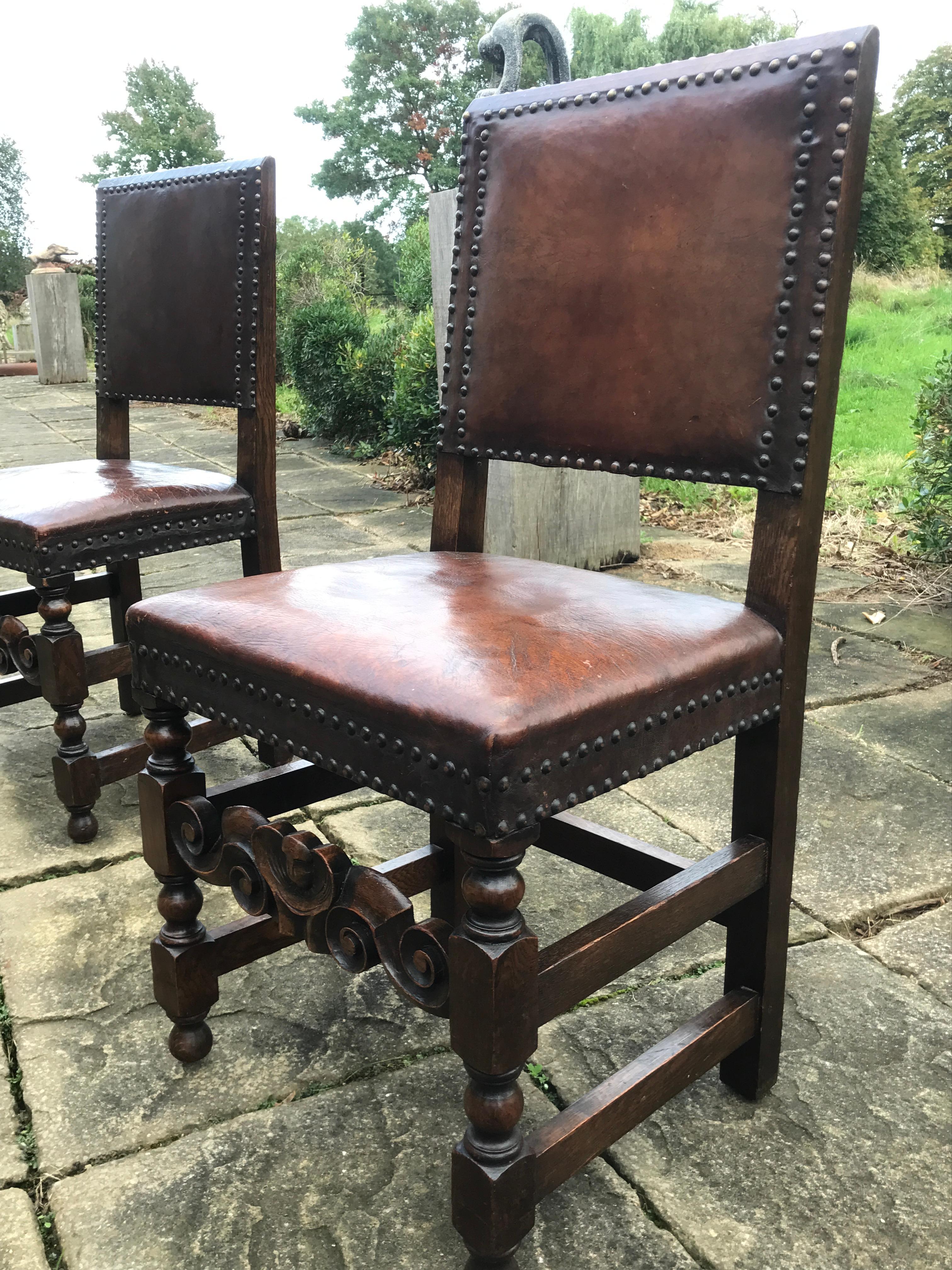 Chair Set of 4 Leather Oak English Jacobean Baroque Revival Antiquarian 10