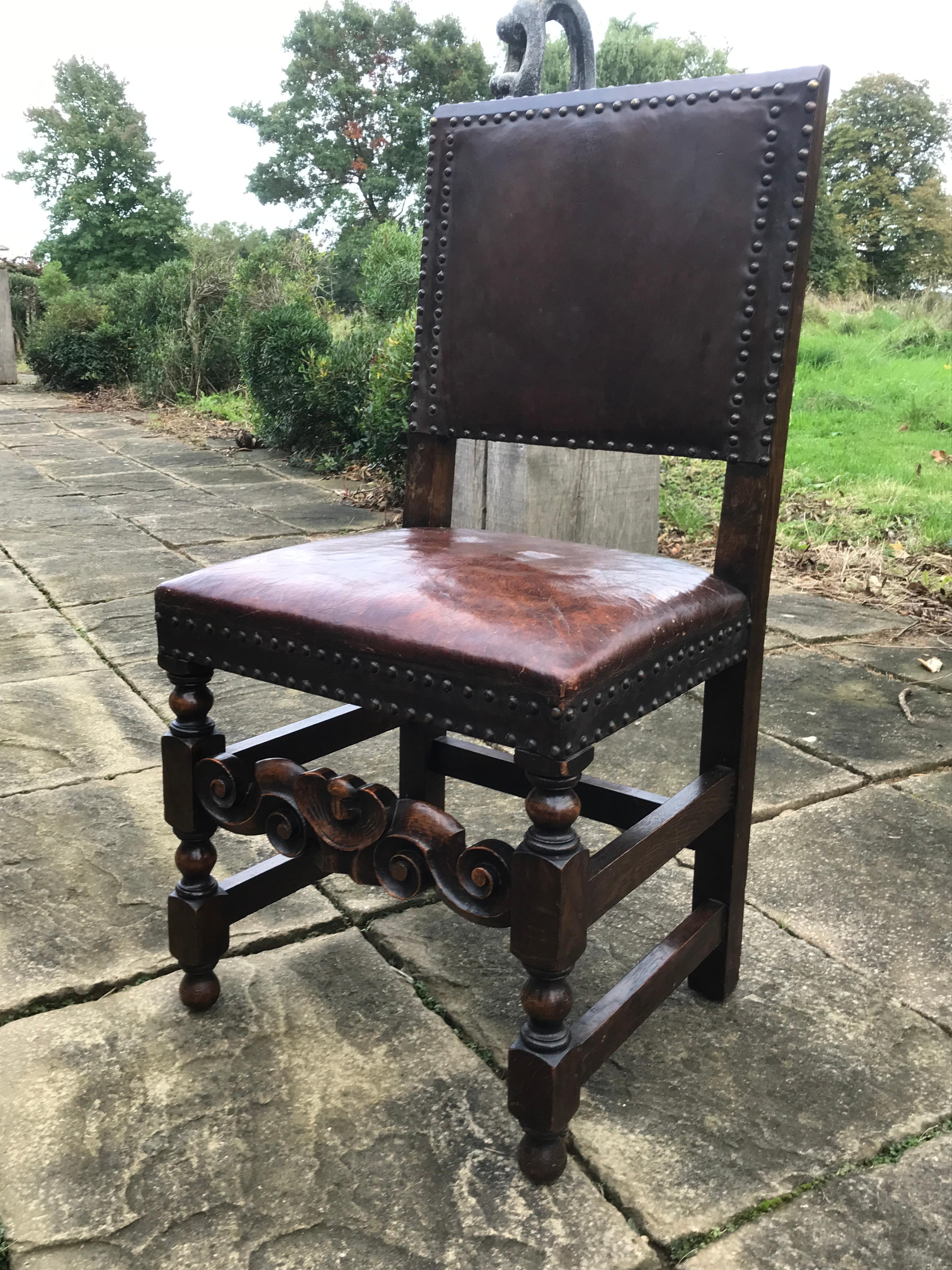 Chair Set of 4 Leather Oak English Jacobean Baroque Revival Antiquarian 12