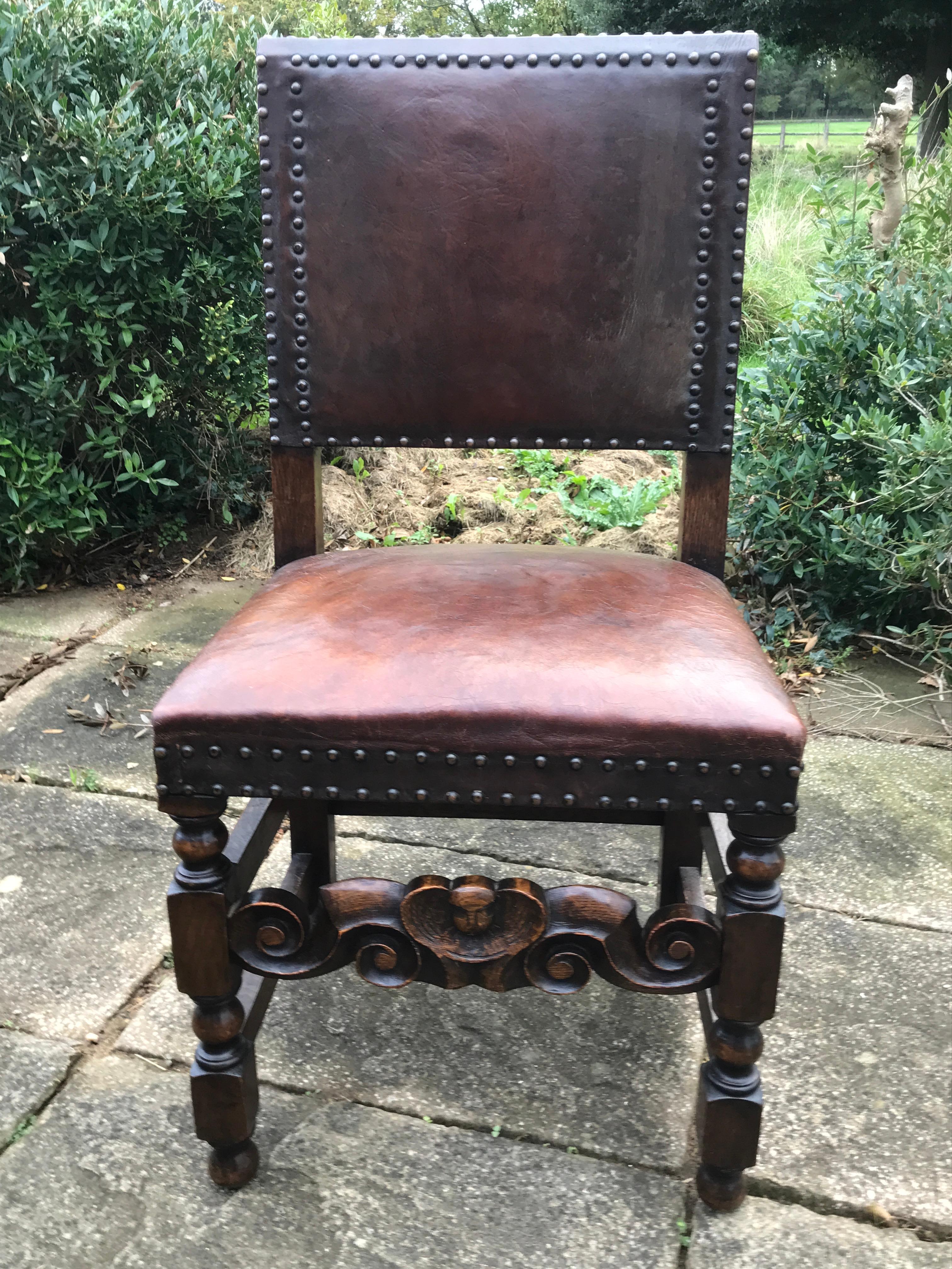 Chair Set of 4 Leather Oak English Jacobean Baroque Revival Antiquarian 3