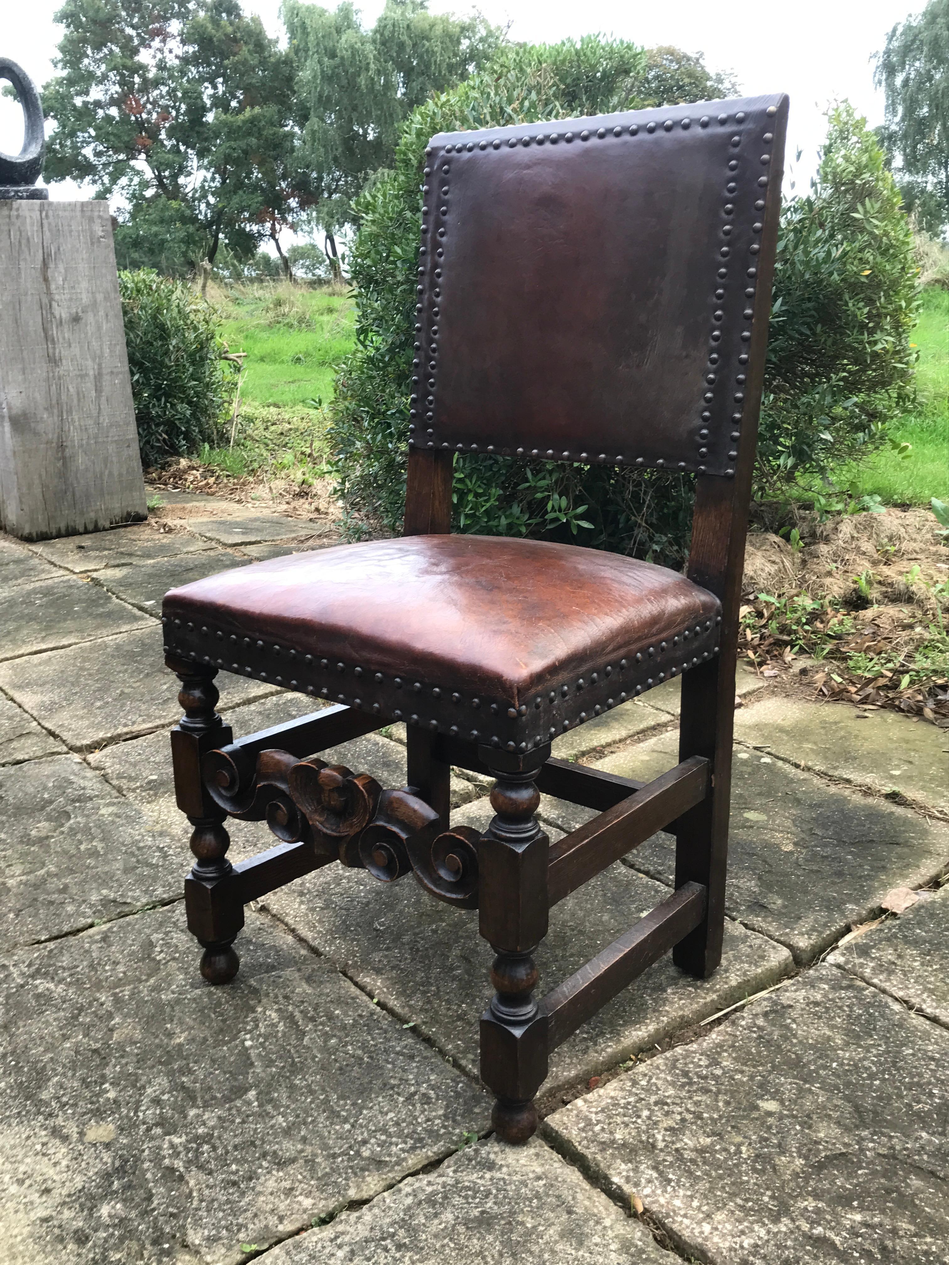Chair Set of 4 Leather Oak English Jacobean Baroque Revival Antiquarian 4