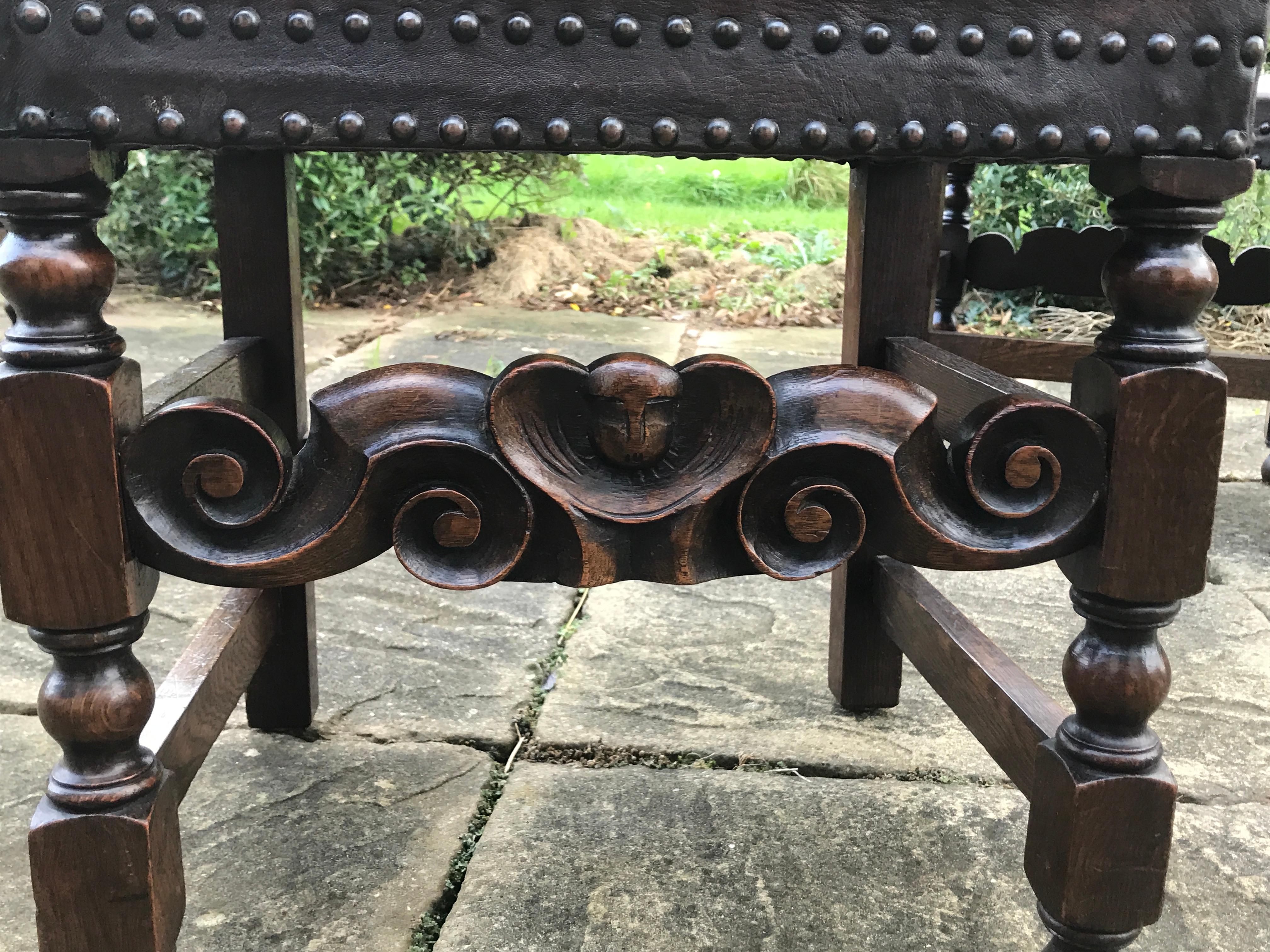 Joinery Chair Set of 4 Leather Oak English Jacobean Baroque Revival Antiquarian