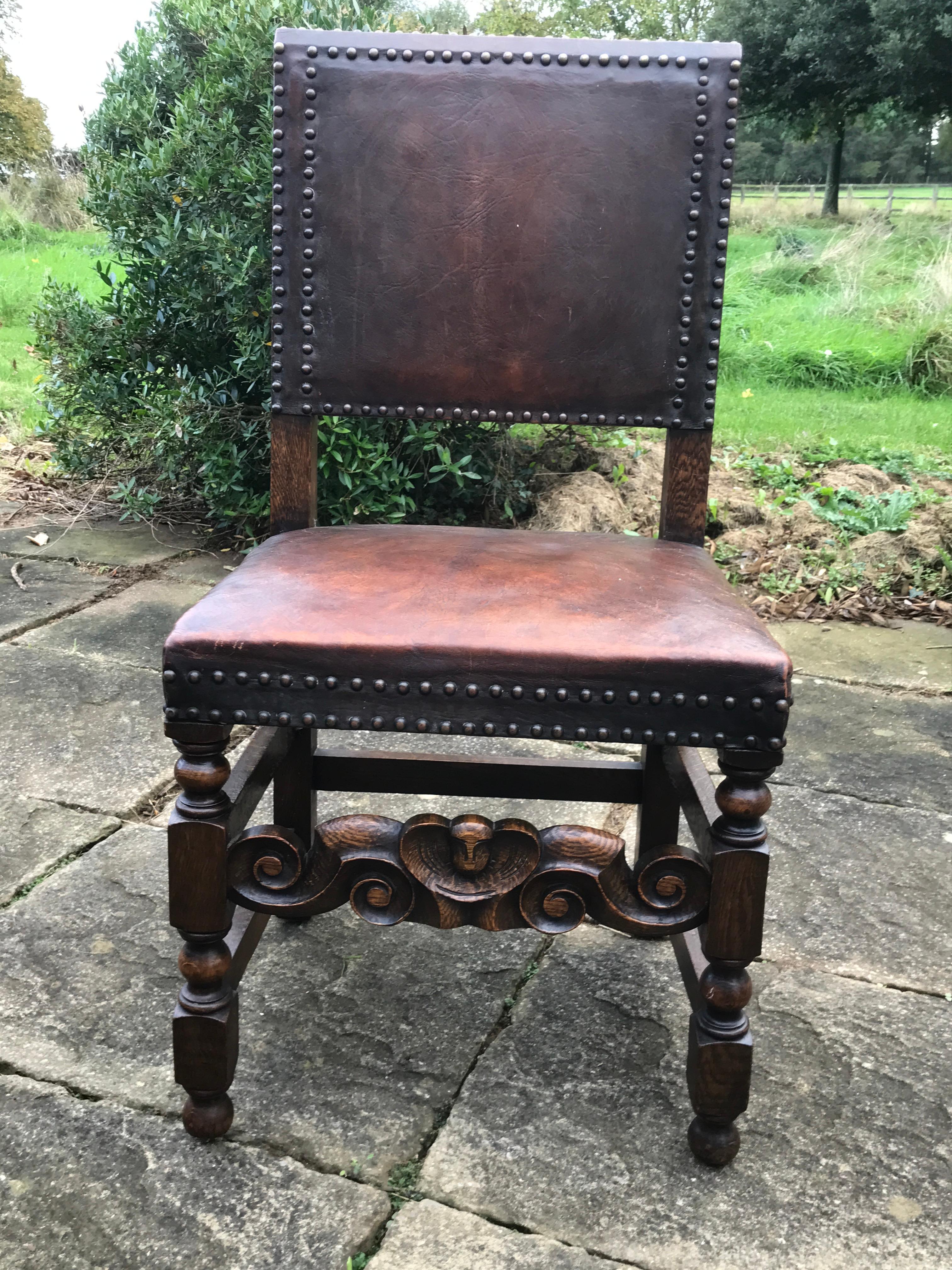 Chair Set of 4 Leather Oak English Jacobean Baroque Revival Antiquarian 6