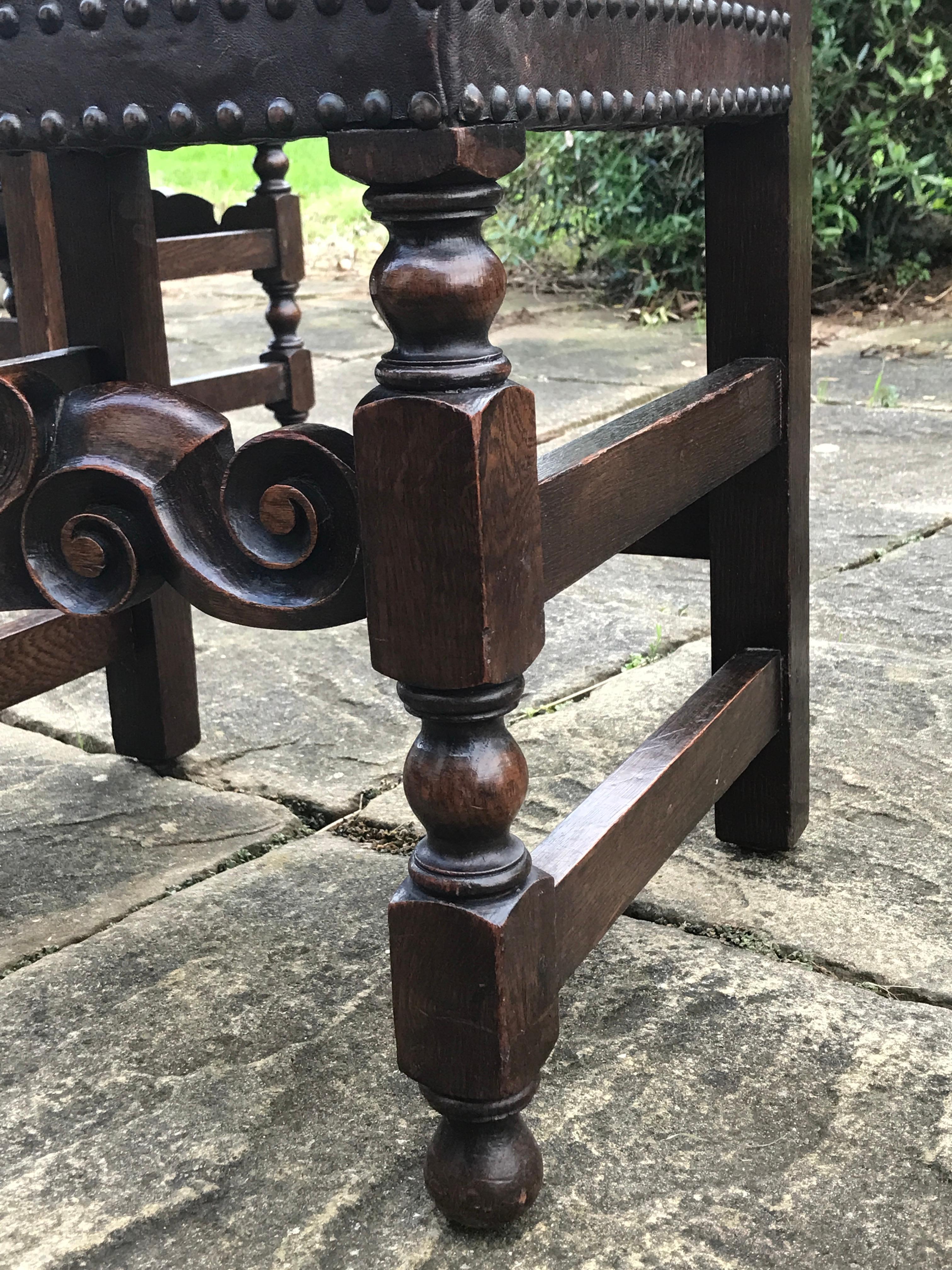 Late 19th Century Chair Set of 4 Leather Oak English Jacobean Baroque Revival Antiquarian