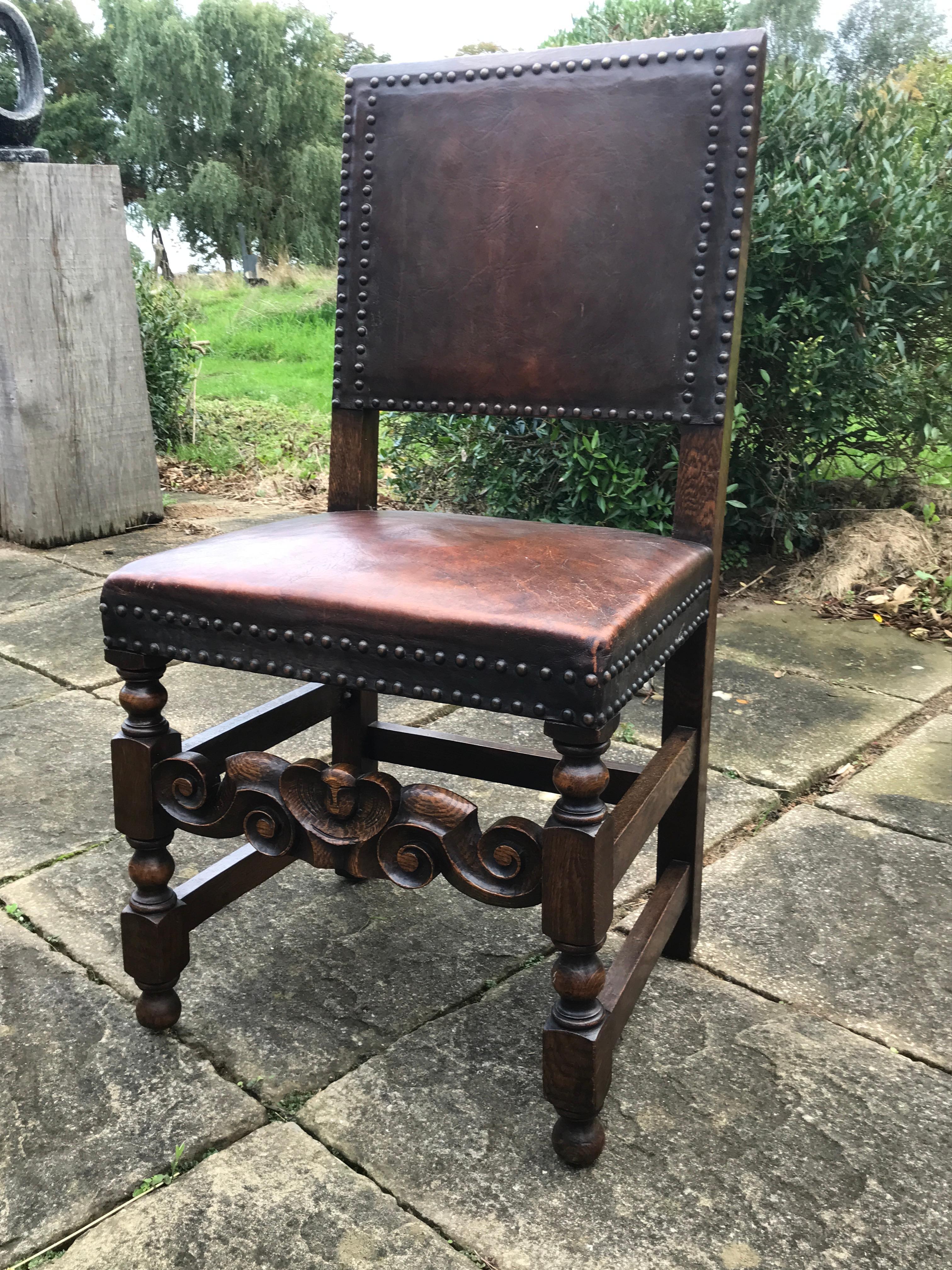 Chair Set of 4 Leather Oak English Jacobean Baroque Revival Antiquarian 7