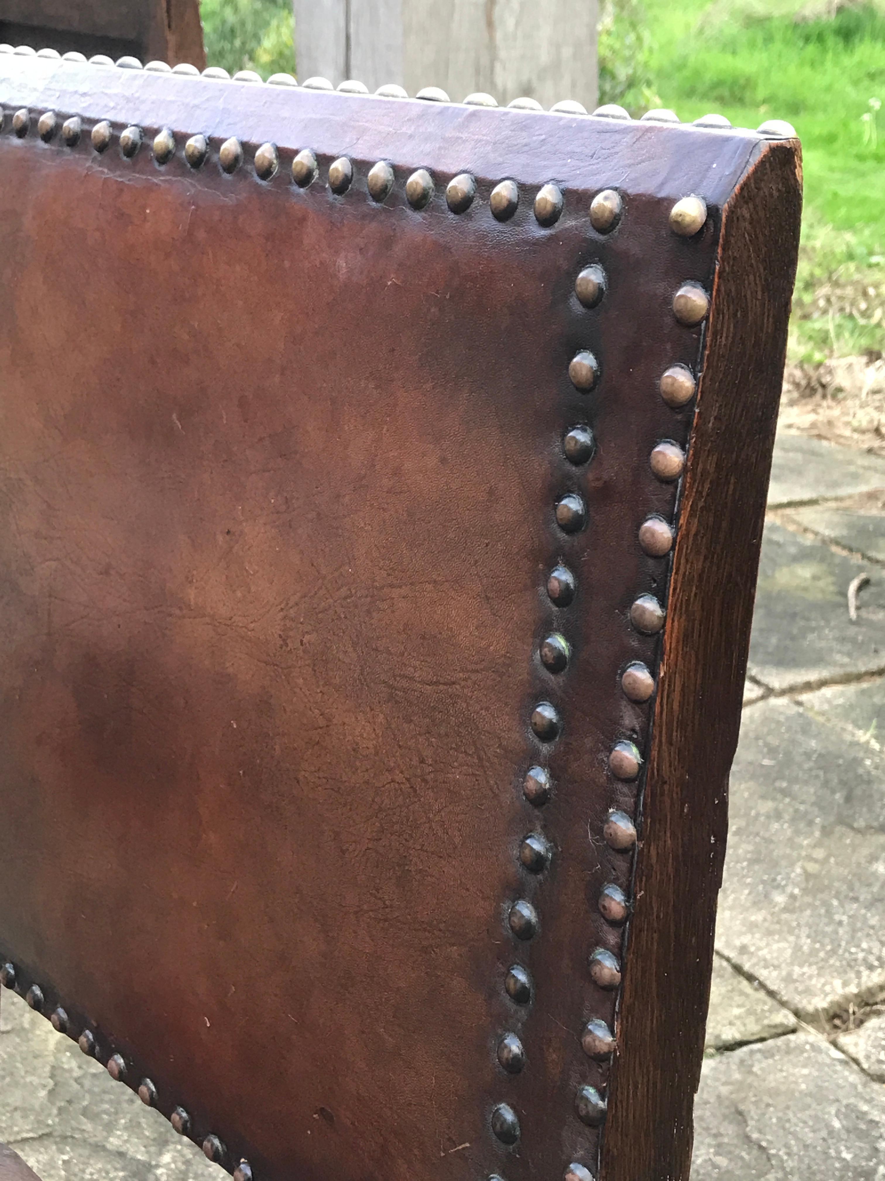 Chair Set of 4 Leather Oak English Jacobean Baroque Revival Antiquarian 1