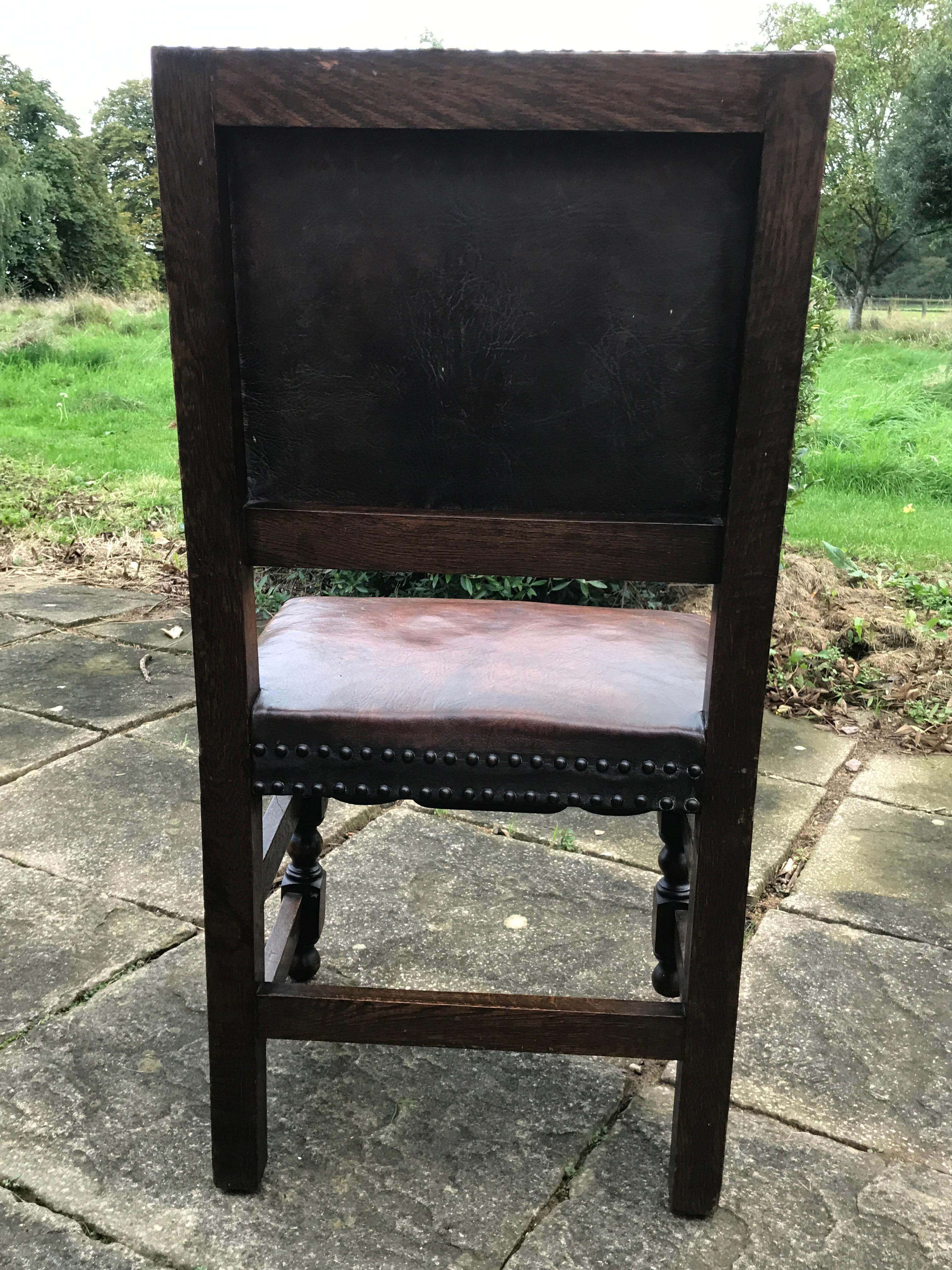 Chair Set of 4 Leather Oak English Jacobean Baroque Revival Antiquarian 8
