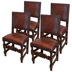 Chair Set of 4 Leather Oak English Jacobean Baroque Revival Antiquarian