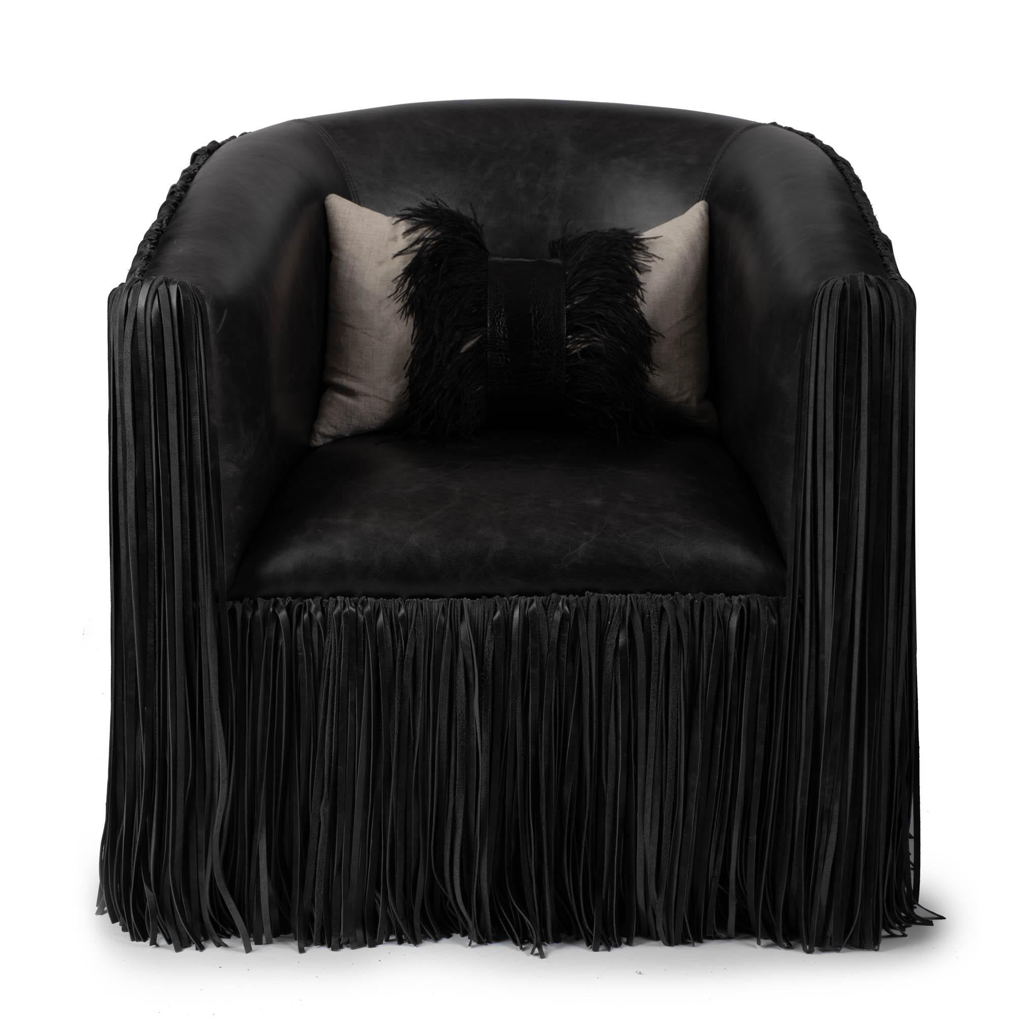 Chair, Shaggy Leather Swivel in Black For Sale 6