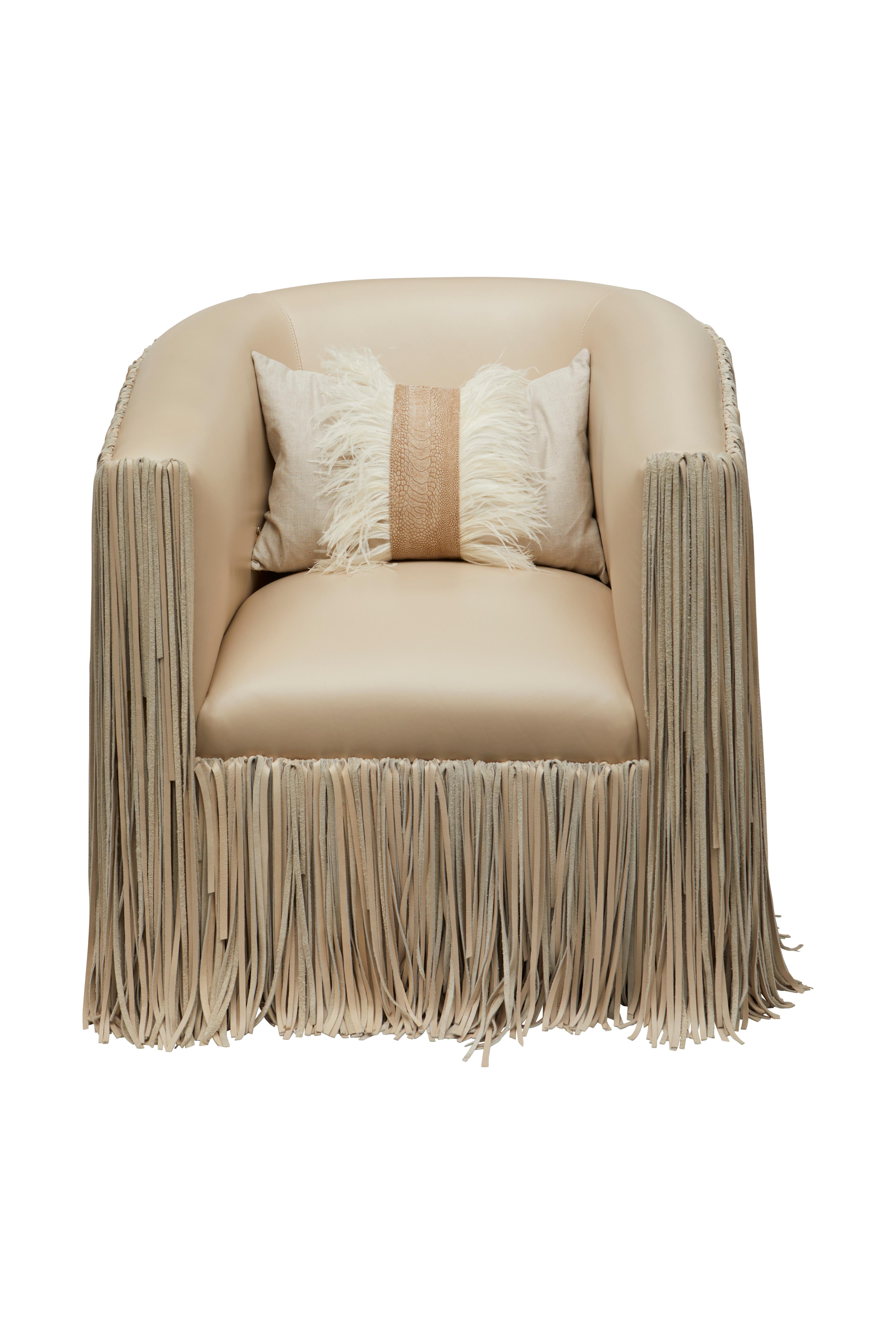 Contemporary Chair, Shaggy Leather Swivel in Cream-Stone For Sale