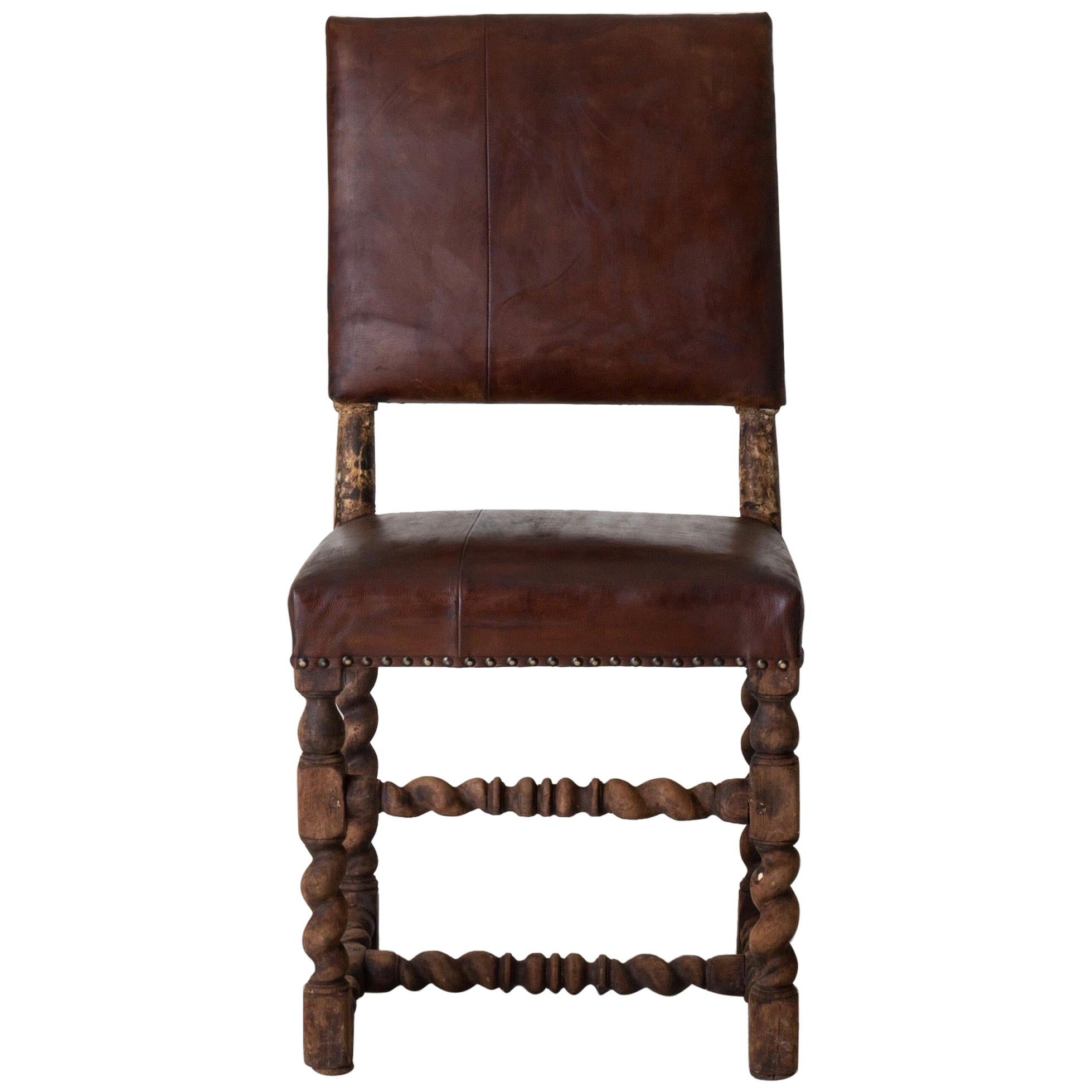 Chair Side Swedish Baroque 1650-1750 Brown Leather Sweden